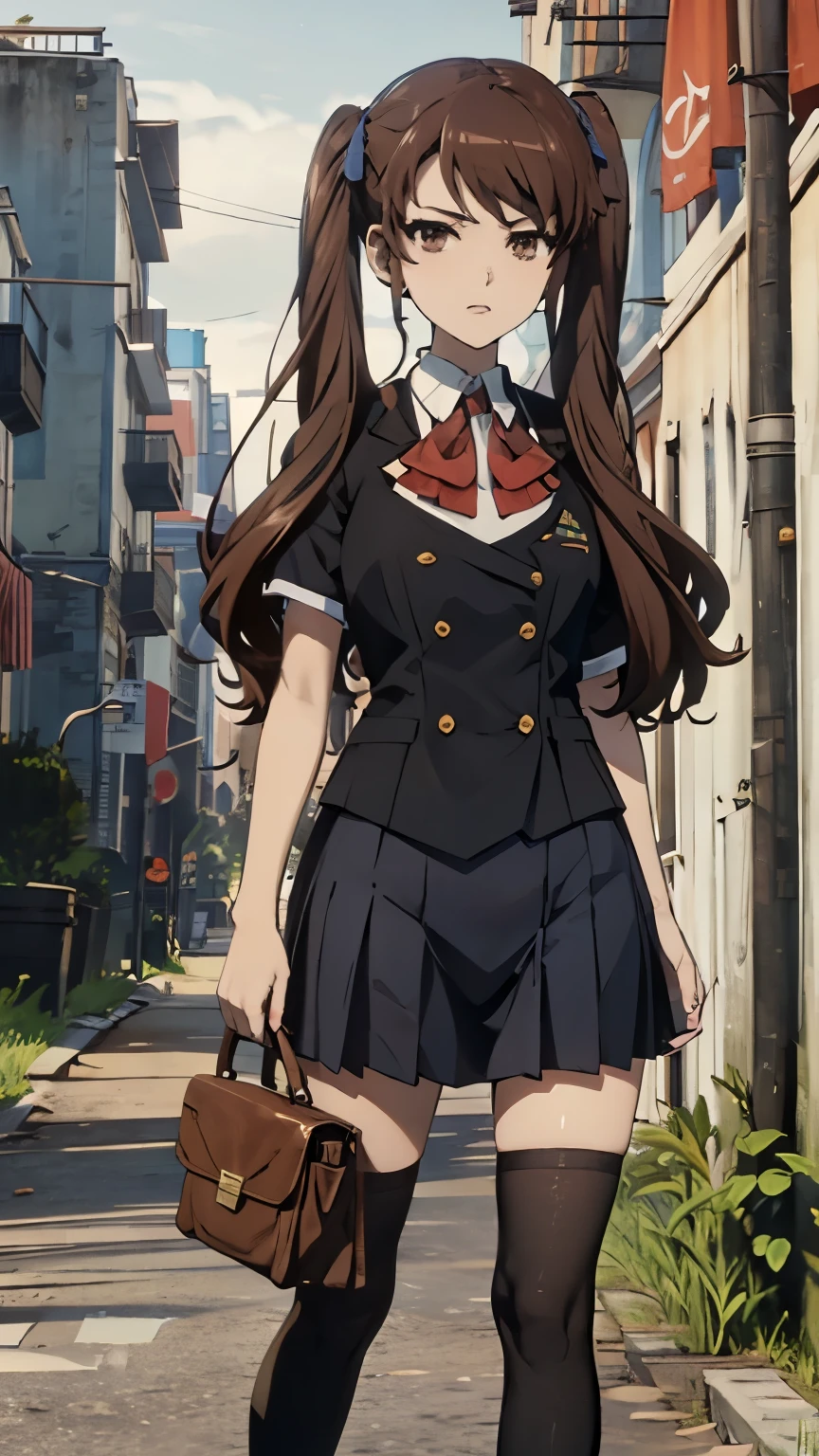  Akazawa Izumi,1girl, Cute, young, skinny, knee-high stockings, school uniform, short skirt (3N1DS1NCL41R:0.9), extreme detail, street photography, { high-quality}, {{ masterpiece}}, { high definition}Яндере, Коричневые волосы, Двойные хвосты, Арт-деко, Аниме, Стиль аниме, Художественно, Цифровое искусство, 