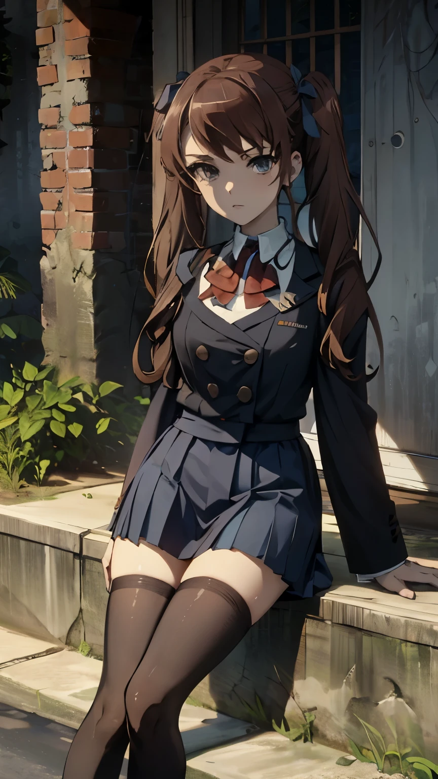 Akazawa Izumi,1girl, Cute, young, skinny, knee-high stockings, school uniform, short skirt (3N1DS1NCL41R:0.9), extreme detail, street photography, { high-quality}, {{ masterpiece}}, { high definition}Яндере, Коричневые волосы, Двойные хвосты, Арт-деко, Аниме, Стиль аниме, Художественно, Цифровое искусство,