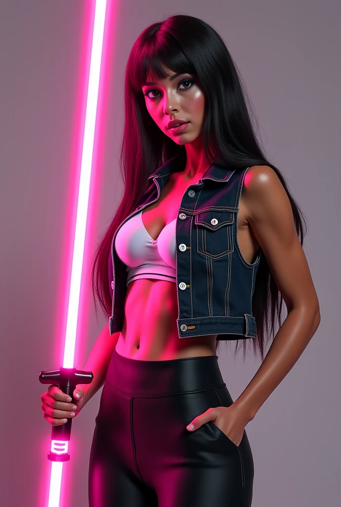 Realistic full body Alexis ren with a star wars lightsaber dueling