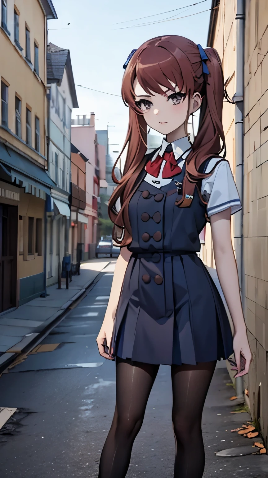Akazawa Izumi,1girl, Cute, young, skinny, knee-high stockings, school uniform, short skirt (3N1DS1NCL41R:0.9), extreme detail, street photography, { high-quality}, {{ masterpiece}}, { high definition}Яндере, Коричневые волосы, Двойные хвосты, Арт-деко, Аниме, Стиль аниме, Художественно, Цифровое искусство,