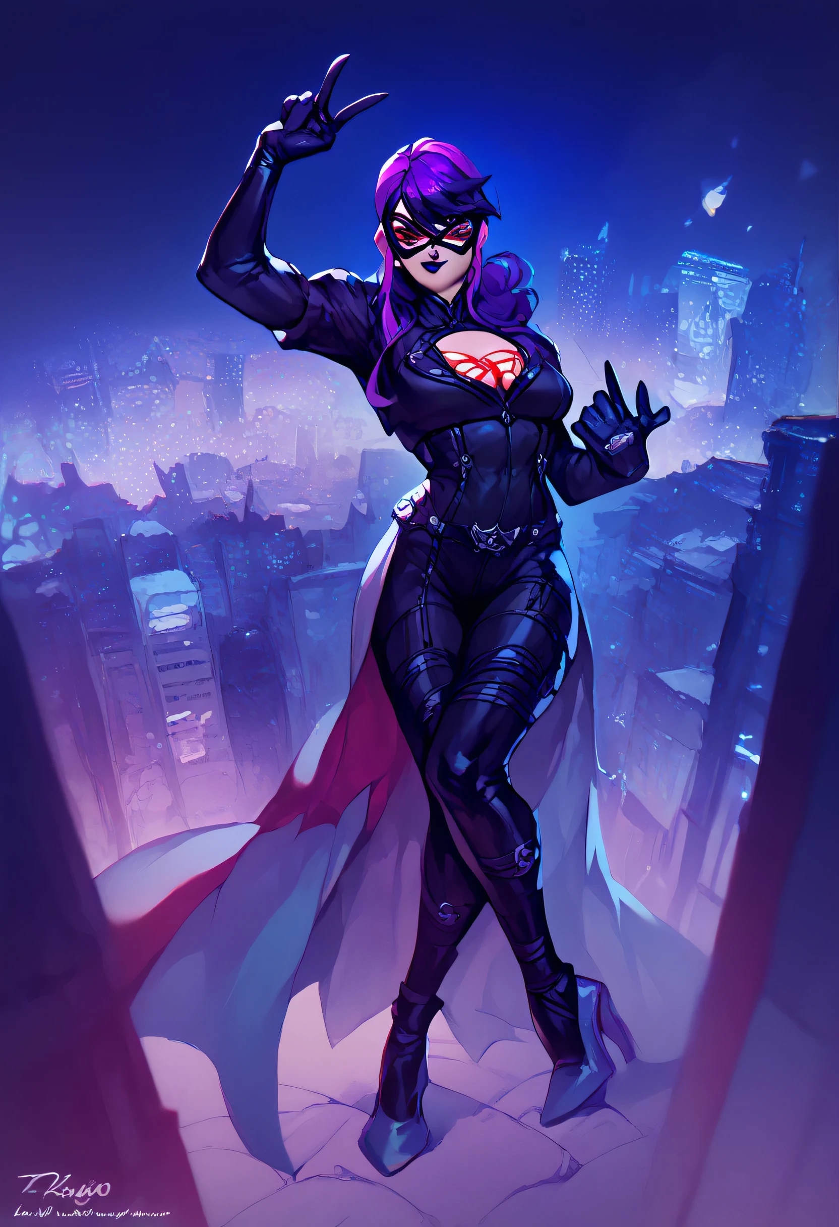 Ruri(ARC-V), black bodysuit, heels, symbiote girl,covered eyes, domino mask, smirk, night, city, 1girl, long purple hair, black lipstick, spider sign on chest and back,