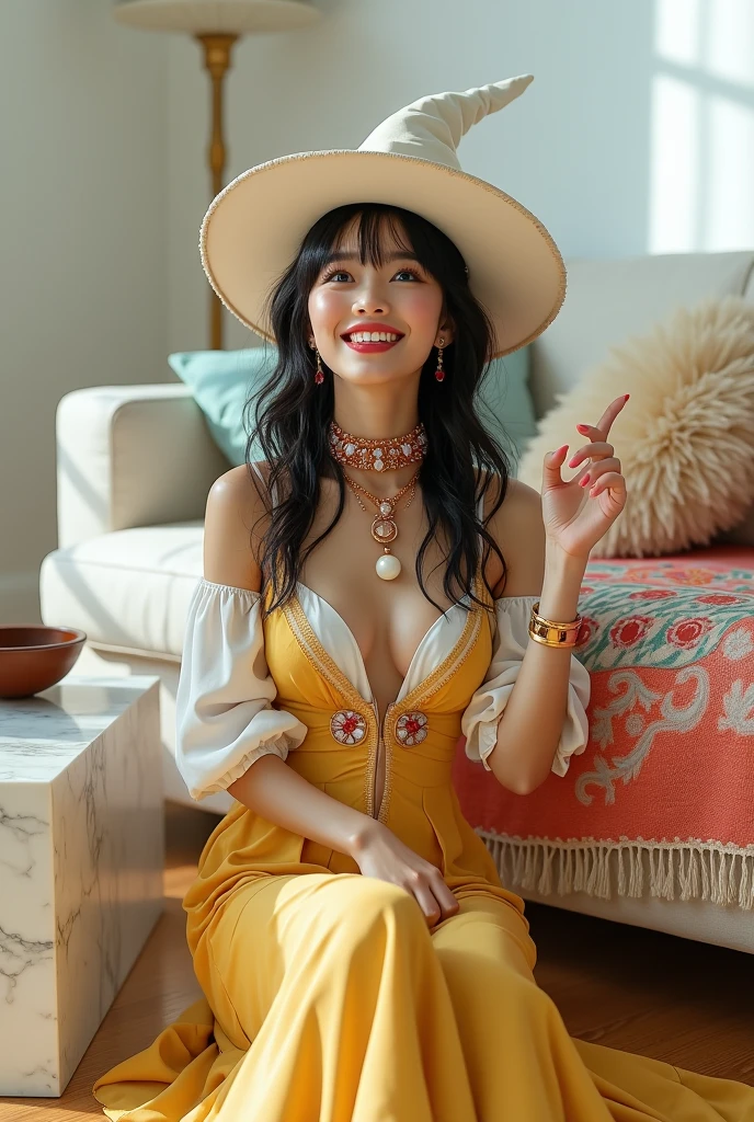 Top image quality、hight resolution、A detailed face、Beautiful Women in Perfect Style、affectionate smile、Flared pants、Gaucho Pants、Wide pants、big breasts thin waist、slim legs