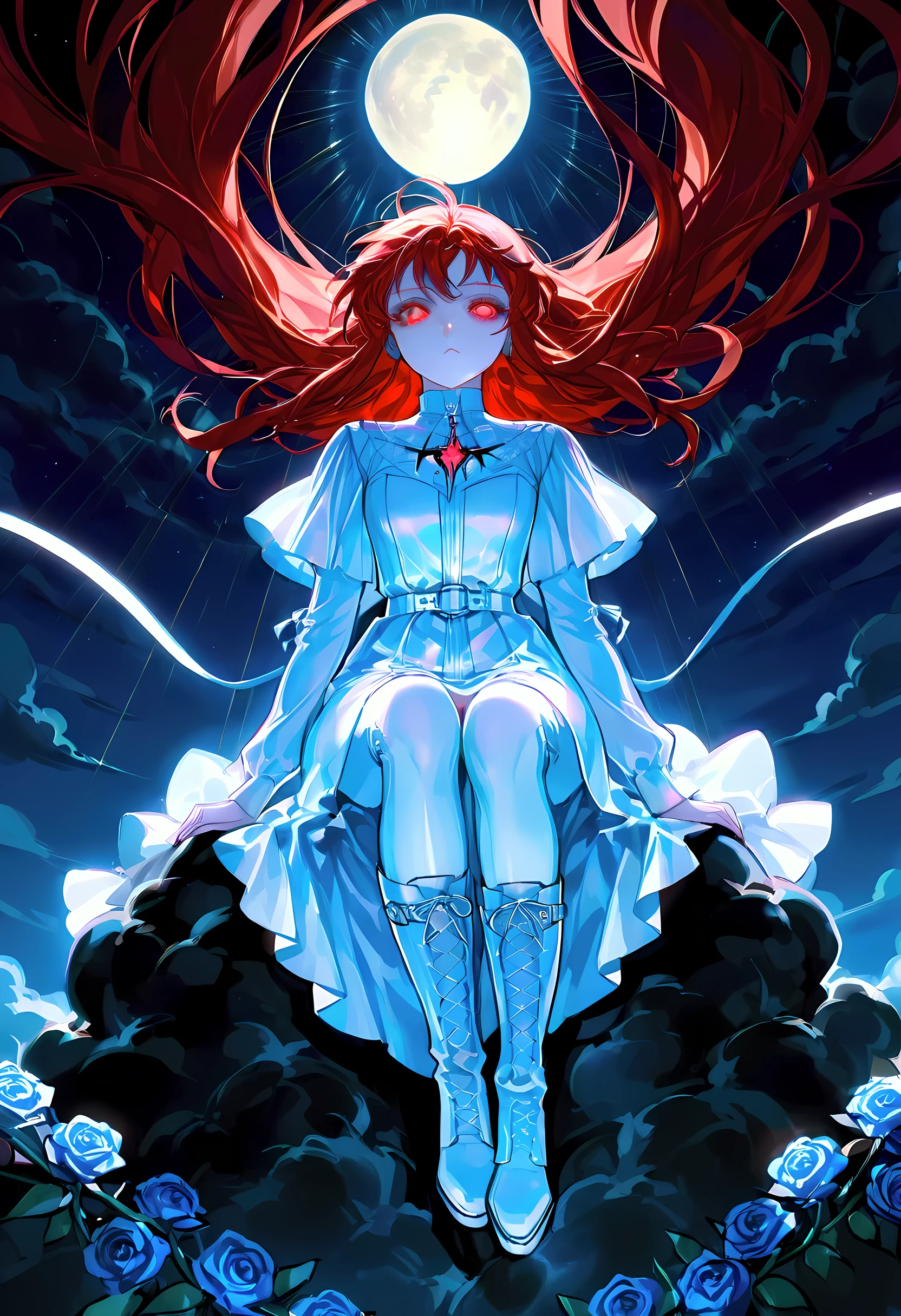 score_9, score_8_up, score_7_up, score_6_up, score_5_up, score_4_up, goth art, art deco comic art, there is a beautiful female vampire, pale skin, glowing eyes, red hair, long hair, flowing hair, she wears a white leather dress, black stiletto high heeled boots, with a vampire fangs, as she is sitting on top of of a cloud in the sky, the moon is high, it is night time, moon rays, there are roses, divine rays, bright sky