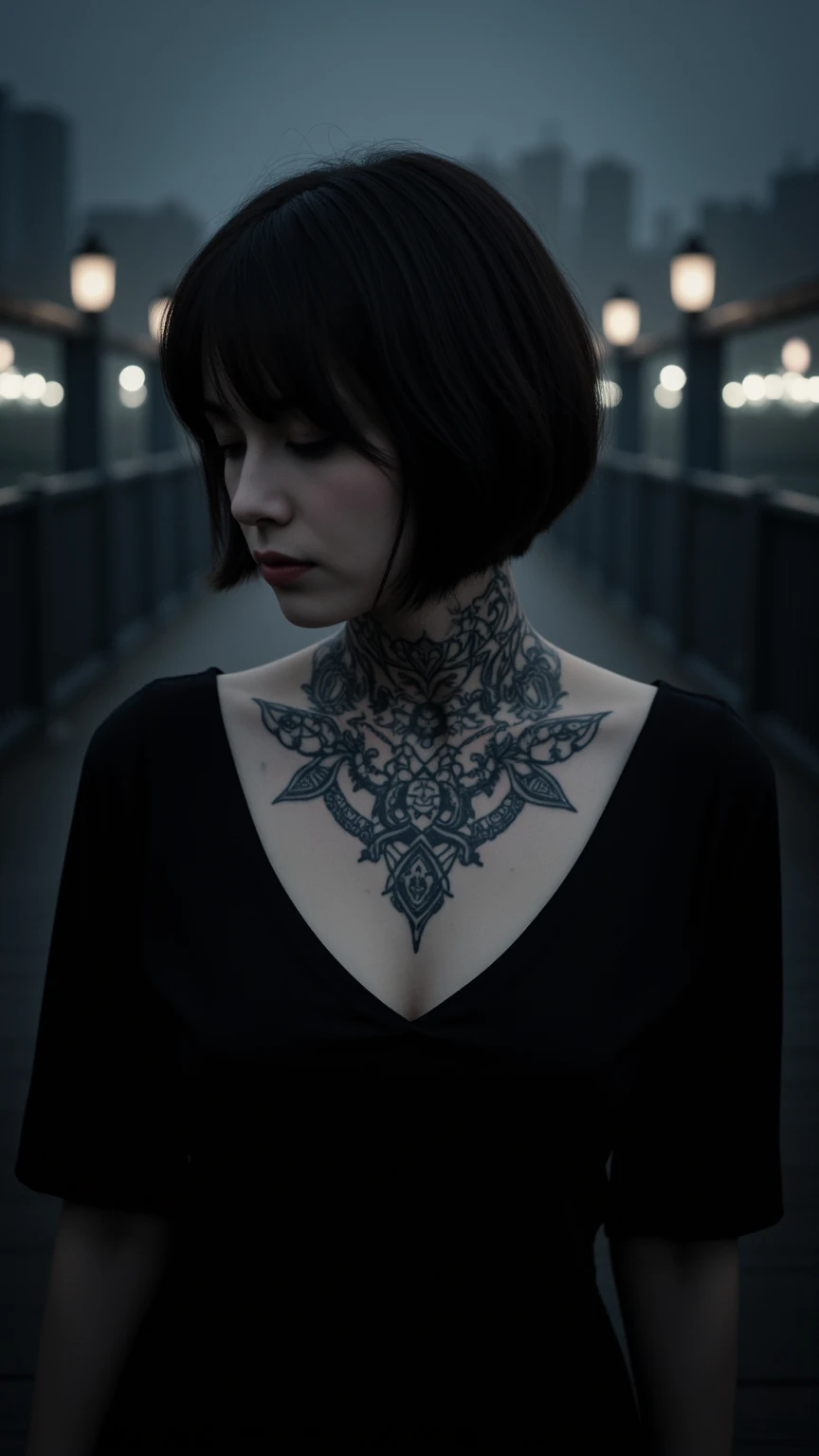 Several tattoos of runic symbols and witchcraft on a neck of a short-haired woman in a black dress on a bridge 