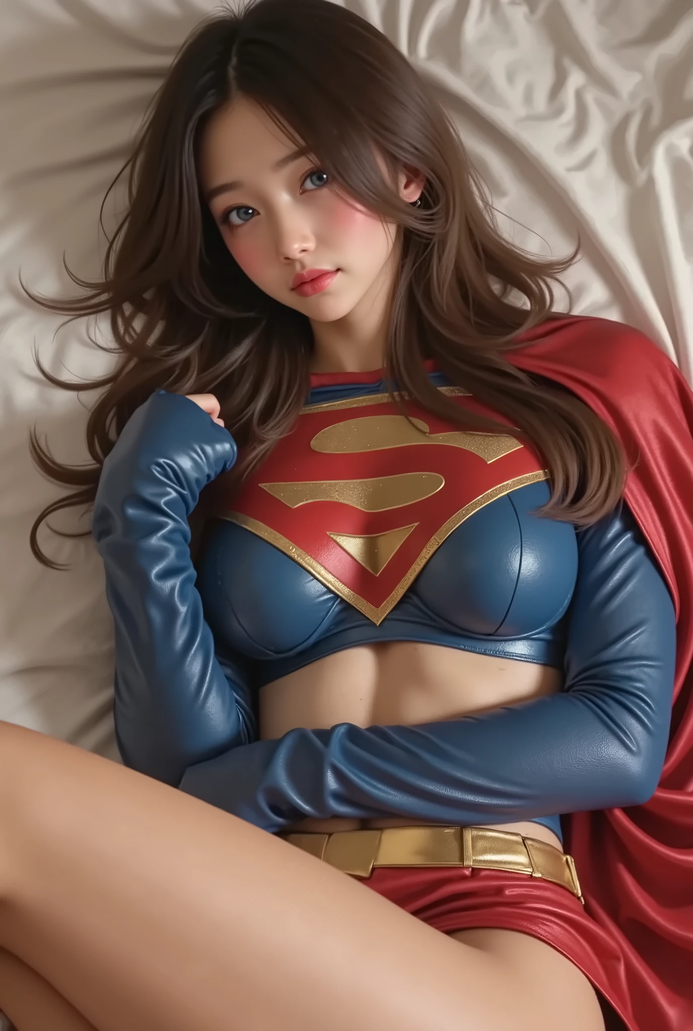 A YOUNG ASIAN BABE LAYING FLAT ON HER BED WEARING A 1980 COTTON SUPERGIRL COSTUME AND CAPE. 4K AFTER SEX SCENE. FULL SUPERGIRL COSTUME AND CAPE.I NTRICATE DETAILS, PREFESSIONAL PORN PHOTOGRAPHY, HIGH RES, 4K, 8K. LIGHT PALE BLUE EYES GLEEMING.