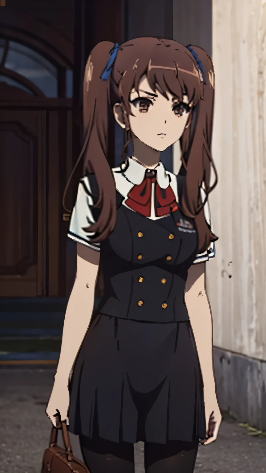 Akazawa Izumi, 1girl , Cute, young, skinny , knee-high stockings, school uniform, short skirt (3N1DS1NCL41R:0.9), extreme detail, street photography, { high-quality}, {{ masterpiece}}, { high definition}yandere, brown hair , Twin tails, Art deco, anime, anime style, Artistic, digital art, masterpiece, Realistic anatomy, Better quality , In detail, High detail, High quality , Main detail, Ultra high definition,