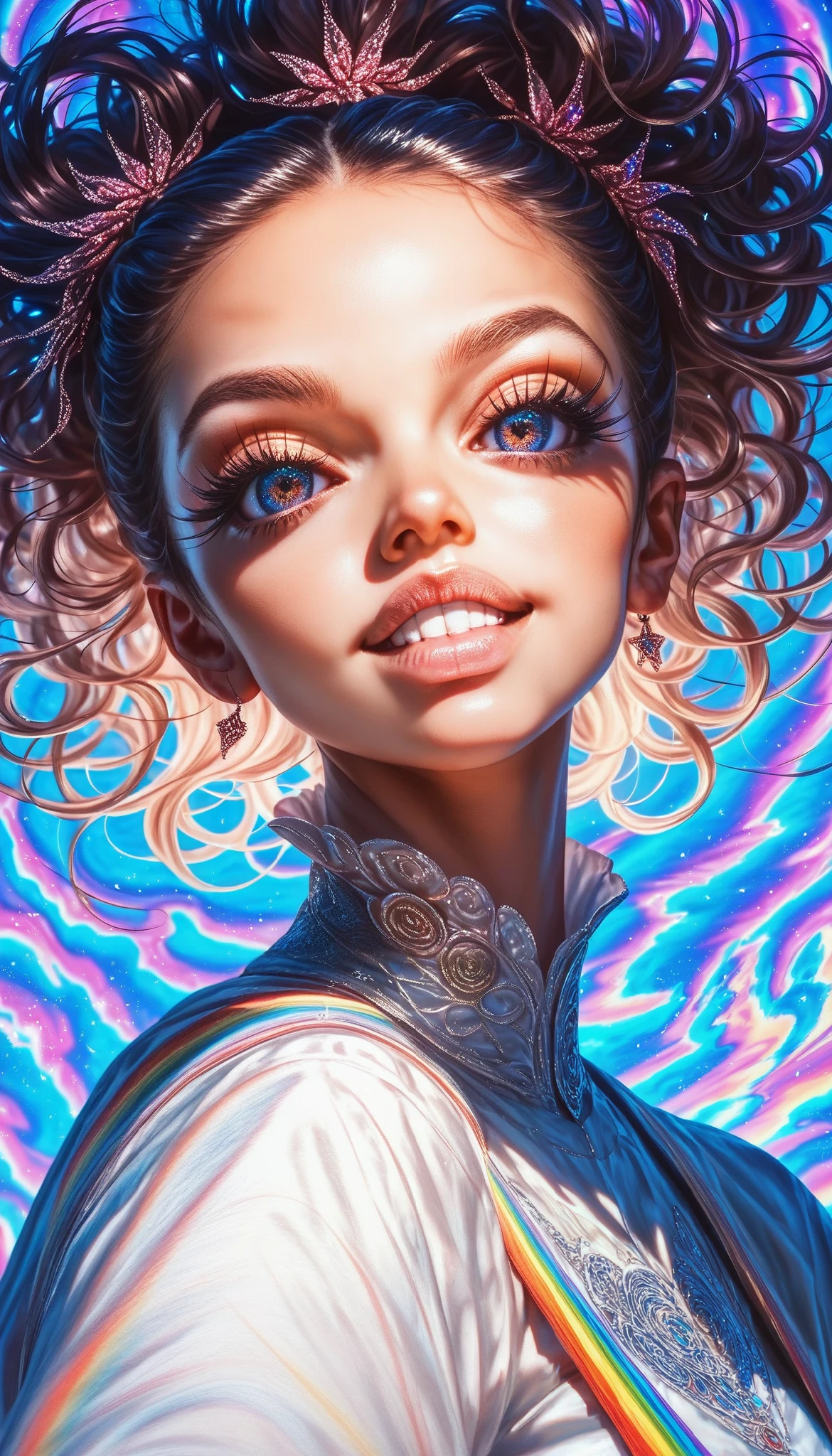 beautiful smiling anime girl, dynamic action pose, detailed face, intricate hairstyle, colorful background, sunlight, vibrant colors, 8k, high quality, hyperrealistic, cinematic lighting, detailed texture, masterpiece