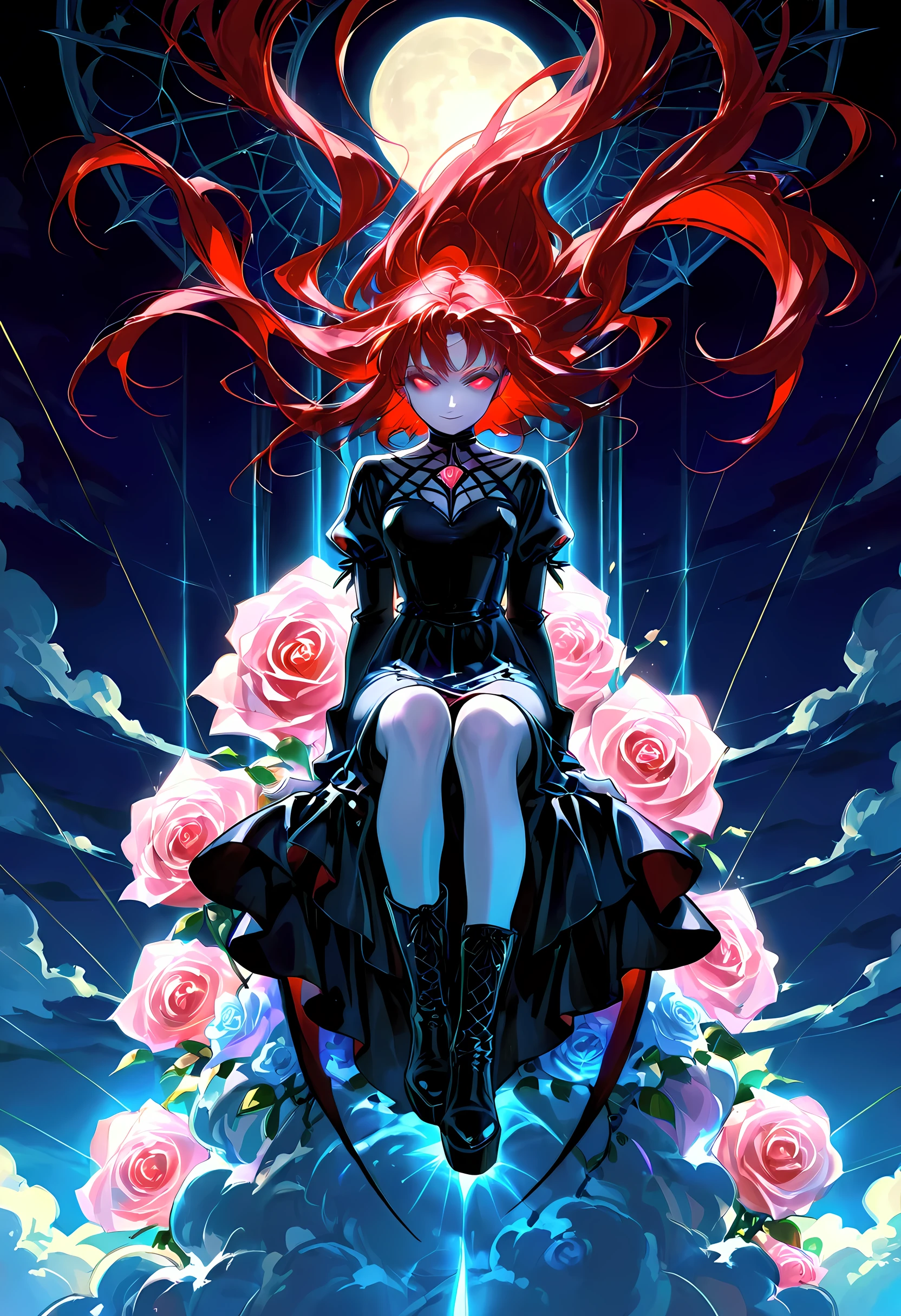 score_9, score_8_up, score_7_up, score_6_up, score_5_up, score_4_up, goth art, art deco comic art, there is a beautiful female vampire, pale skin, glowing eyes, red hair, long hair, flowing hair, she wears a white leather dress, black stiletto high heeled boots, with a vampire fangs, as she is sitting on top of of a cloud in the sky, the moon is high, it is night time, moon rays, there are roses, divine rays, bright sky