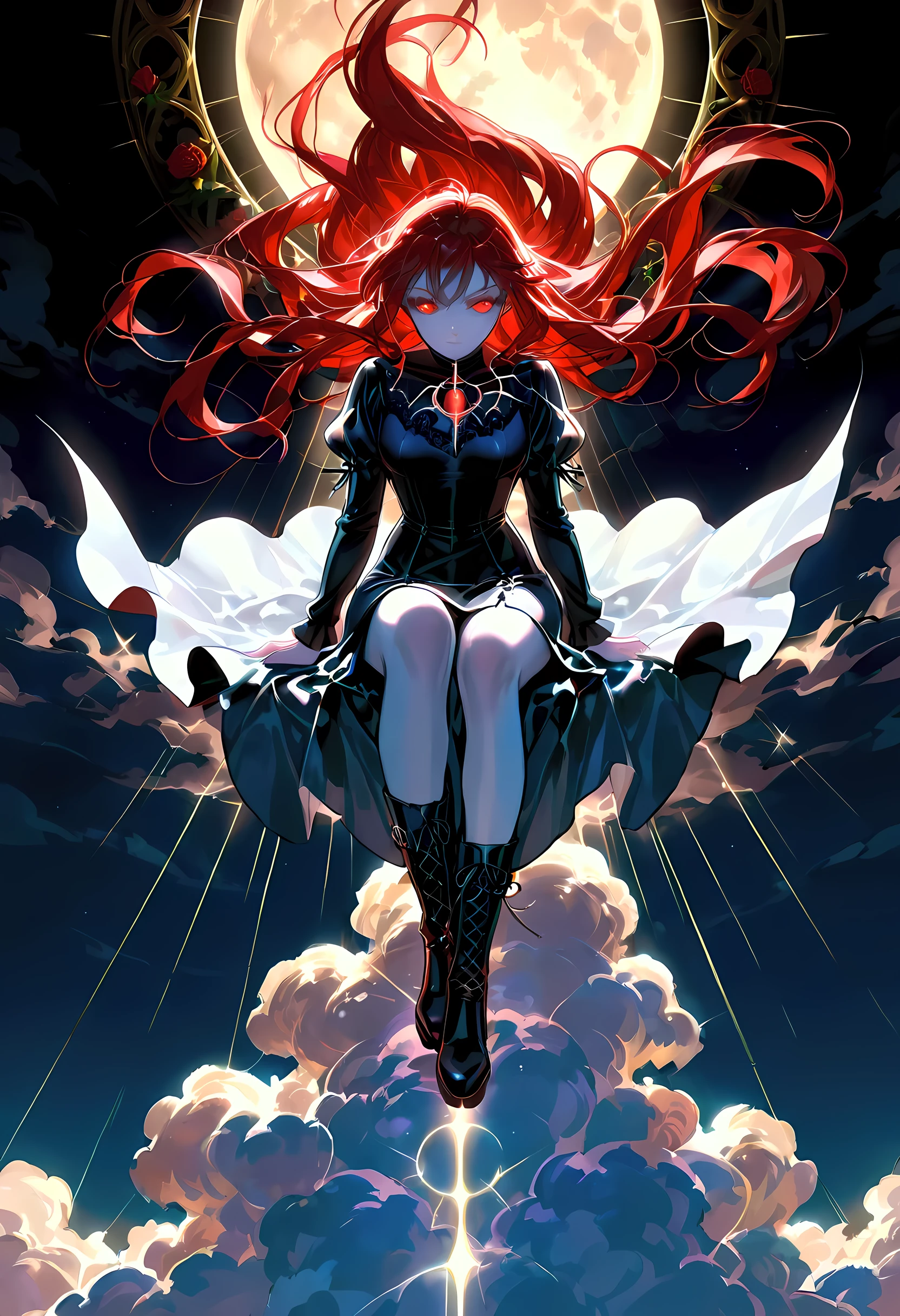 score_9, score_8_up, score_7_up, score_6_up, score_5_up, score_4_up, goth art, art deco comic art, there is a beautiful female vampire, pale skin, glowing eyes, red hair, long hair, flowing hair, she wears a white leather dress, black stiletto high heeled boots, with a vampire fangs, as she is sitting on top of of a cloud in the sky, the moon is high, it is night time, moon rays, there are roses, divine rays, bright sky