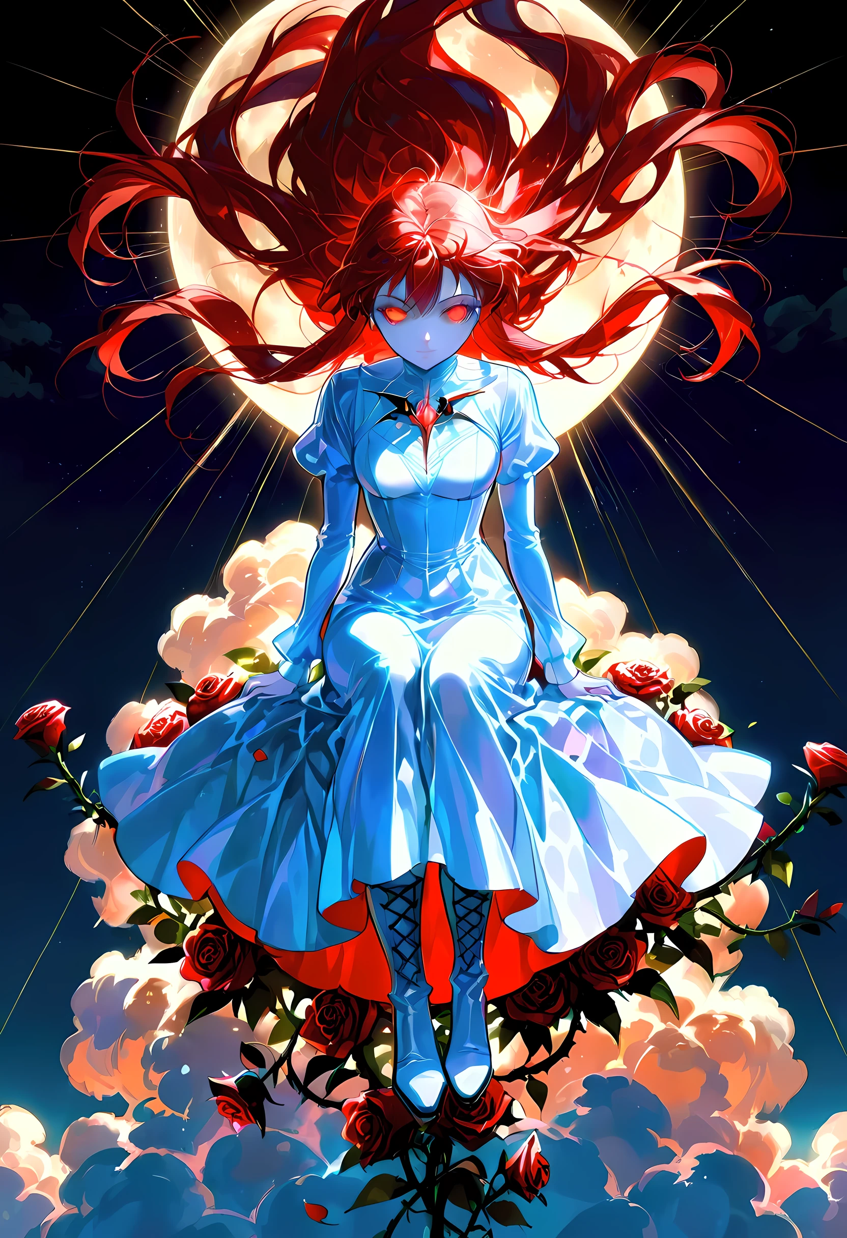 score_9, score_8_up, score_7_up, score_6_up, score_5_up, score_4_up, goth art, art deco comic art, there is a beautiful female vampire, pale skin, glowing eyes, red hair, long hair, flowing hair, she wears a white leather dress, black stiletto high heeled boots, with a vampire fangs, as she is sitting on top of of a cloud in the sky, the moon is high, it is night time, moon rays, there are roses, divine rays, bright sky