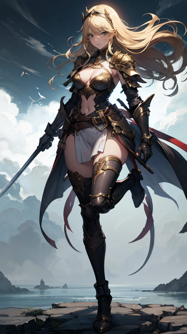 (masterpiece, 4K ,Super detailed:1.2), (anime:1), (Perfect quality), (anger), (((Adult body))), The whole body is shown, View Viewer, Holding a sword, Adult women, tall, Full Body Art, Knight's full plate decorated armor, Silver Cape, Perfect detail, Desperate look, Ultra violent women, Powerfully々And, Muscular, Military Commander, A woman in very heavy white armor,