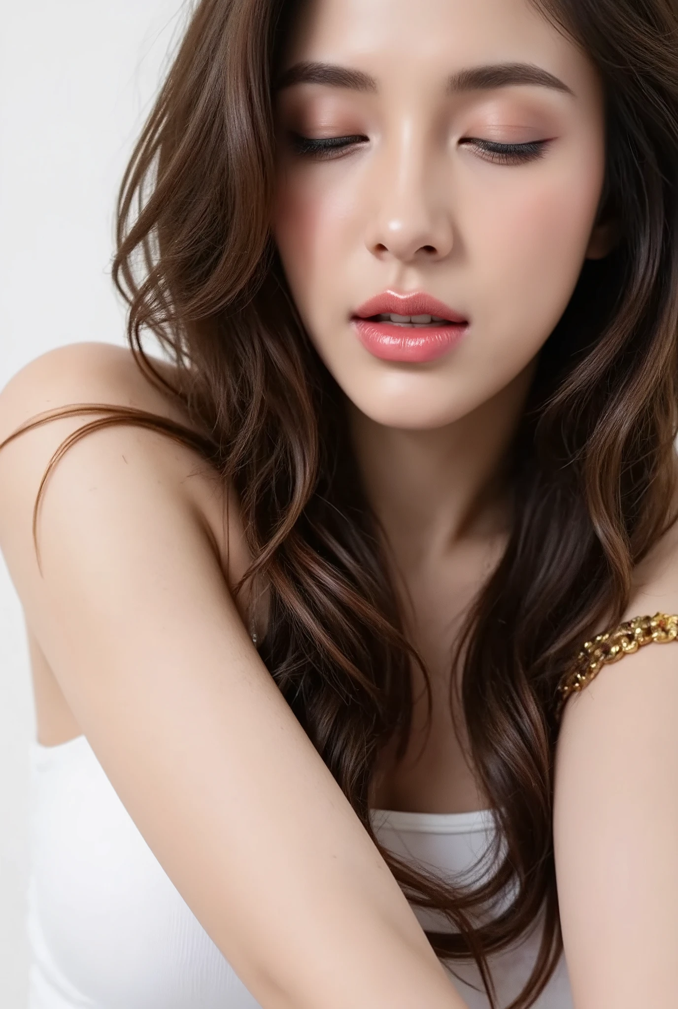 This photograph features a close-up of a woman with long, wet, dark hair, wearing striking red eyeshadow and glossy lips. Her eyes are closed, and her mouth is open, suggesting she is in a moment of intense emotion. detail skins, She has a fair complexion and is wearing a gold bracelet on her left wrist. The background is plain white.