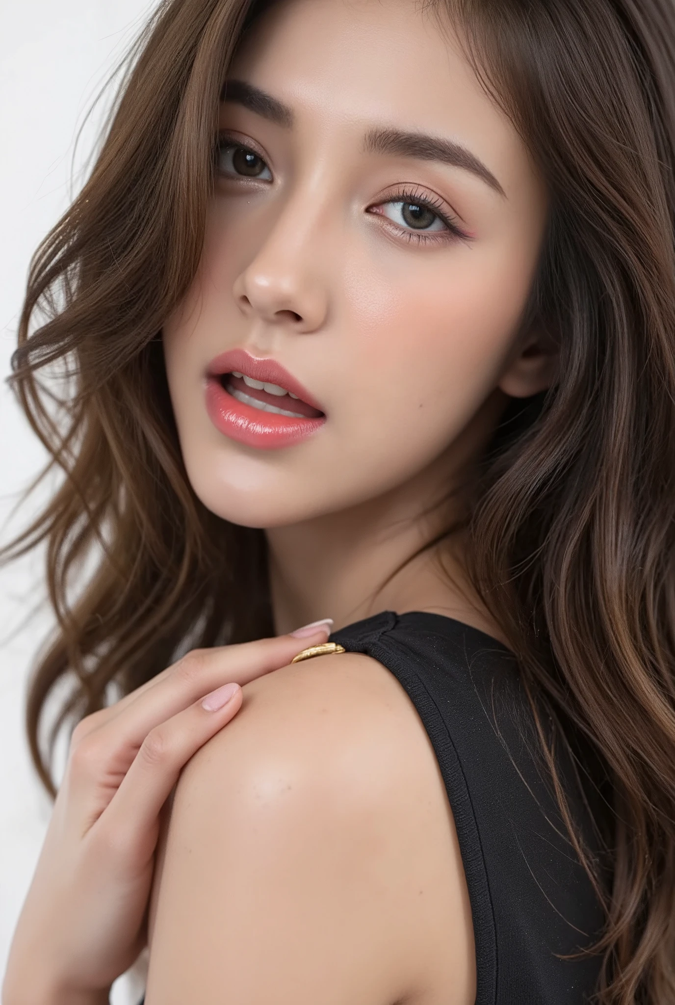 This photograph features a close-up of a woman with long, wet, dark hair, wearing striking red eyeshadow and glossy lips. Her eyes are closed, and her mouth is open, suggesting she is in a moment of intense emotion. detail skins, She has a fair complexion and is wearing a gold bracelet on her left wrist. The background is plain white.