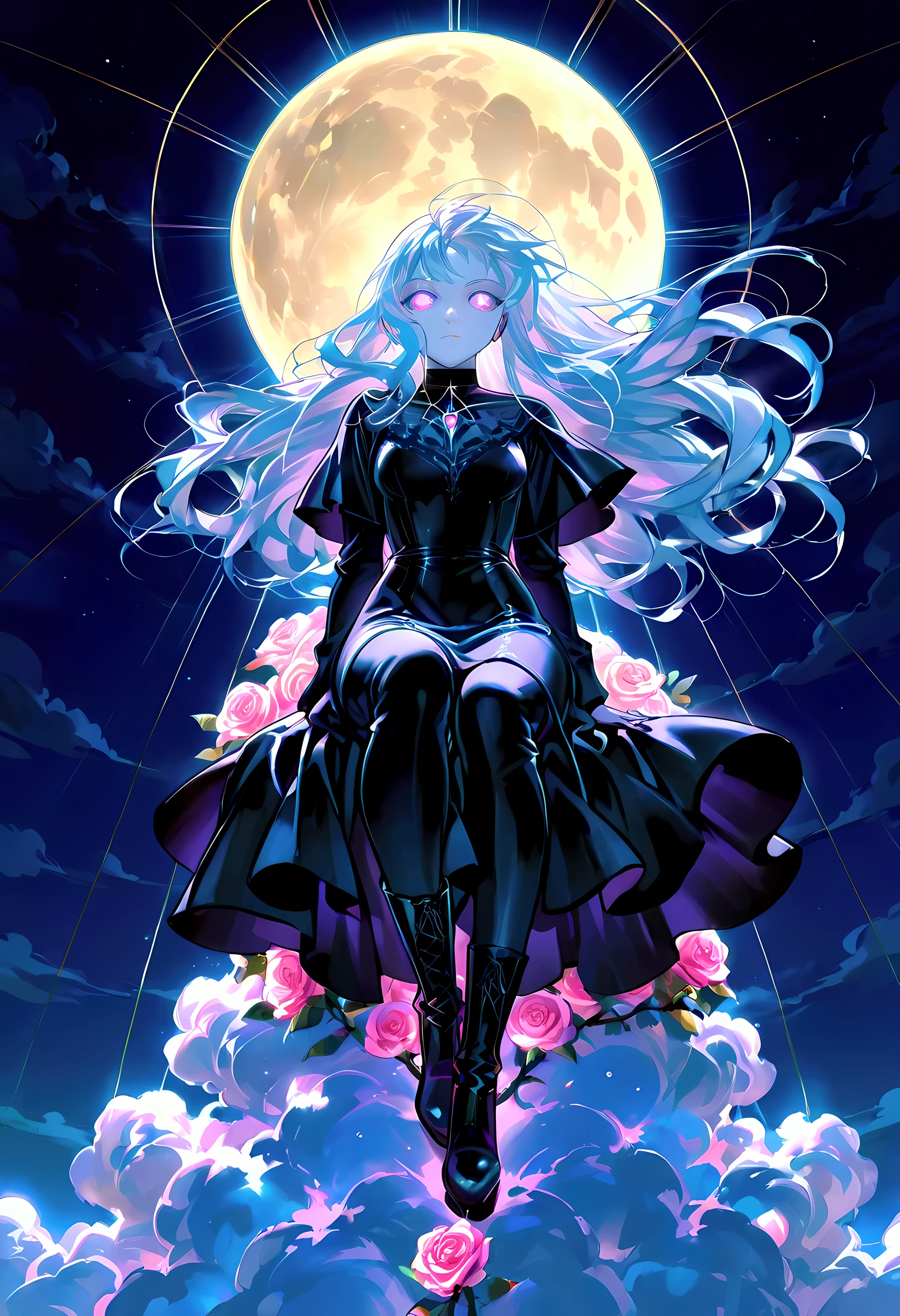 score_9, score_8_up, score_7_up, score_6_up, score_5_up, score_4_up, goth art, art deco comic art, there is a beautiful female vampire, pale skin, glowing eyes, white hair, long hair, flowing hair, she wears a black leather dress, black stiletto high heeled boots, with a vampire fangs, as she is sitting on top of of a cloud in the sky, the moon is high, it is night time, moon rays, there are roses, divine rays, bright sky