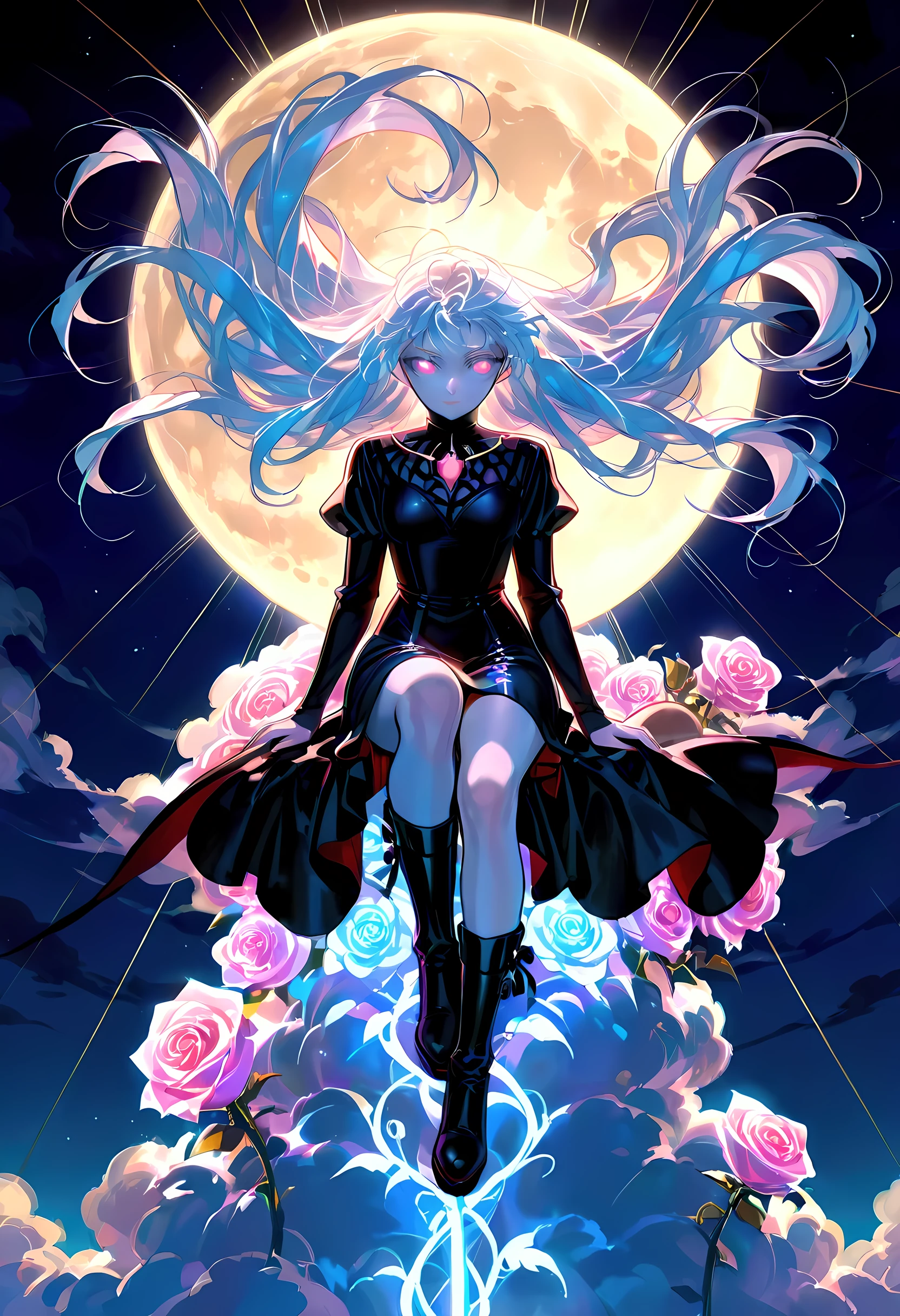 score_9, score_8_up, score_7_up, score_6_up, score_5_up, score_4_up, goth art, art deco comic art, there is a beautiful female vampire, pale skin, glowing eyes, white hair, long hair, flowing hair, she wears a black leather dress, black stiletto high heeled boots, with a vampire fangs, as she is sitting on top of of a cloud in the sky, the moon is high, it is night time, moon rays, there are roses, divine rays, bright sky
