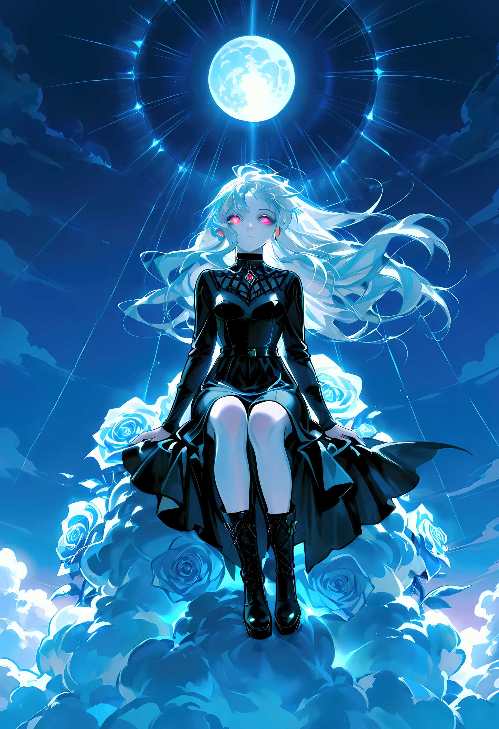 score_9, score_8_up, score_7_up, score_6_up, score_5_up, score_4_up, goth art, art deco comic art, there is a beautiful female vampire, pale skin, glowing eyes, white hair, long hair, flowing hair, she wears a black leather dress, black stiletto high heeled boots, with a vampire fangs, as she is sitting on top of of a cloud in the sky, the moon is high, it is night time, moon rays, there are roses, divine rays, bright sky