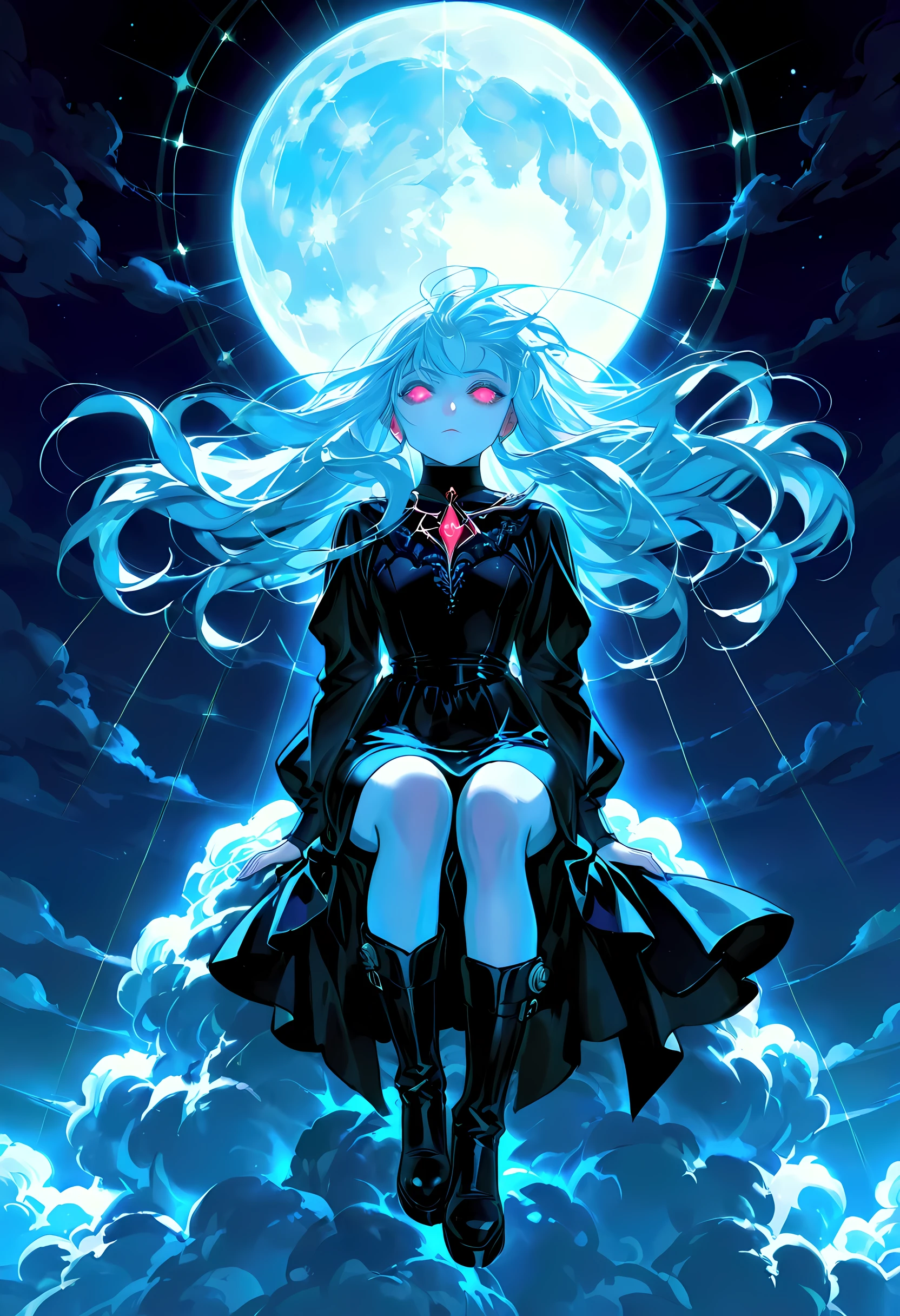 score_9, score_8_up, score_7_up, score_6_up, score_5_up, score_4_up, goth art, art deco comic art, there is a beautiful female vampire, pale skin, glowing eyes, white hair, long hair, flowing hair, she wears a black leather dress, black stiletto high heeled boots, with a vampire fangs, as she is sitting on top of of a cloud in the sky, the moon is high, it is night time, moon rays, there are roses, divine rays, bright sky