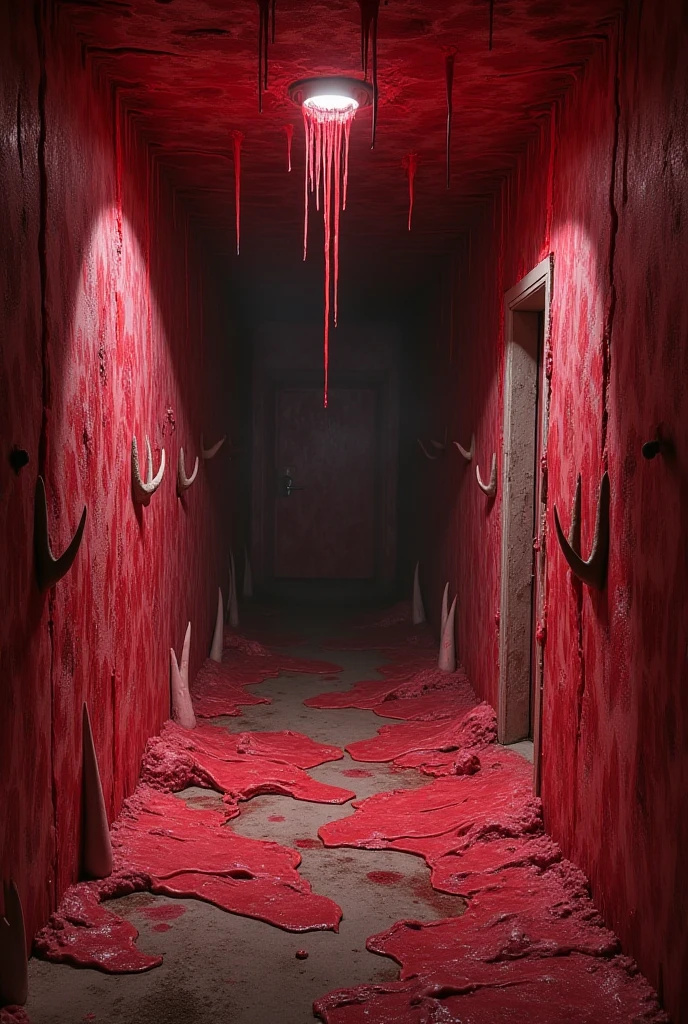 a maze made inside butchery, horror tools, bloody scene, hooks hanging from the ceiling