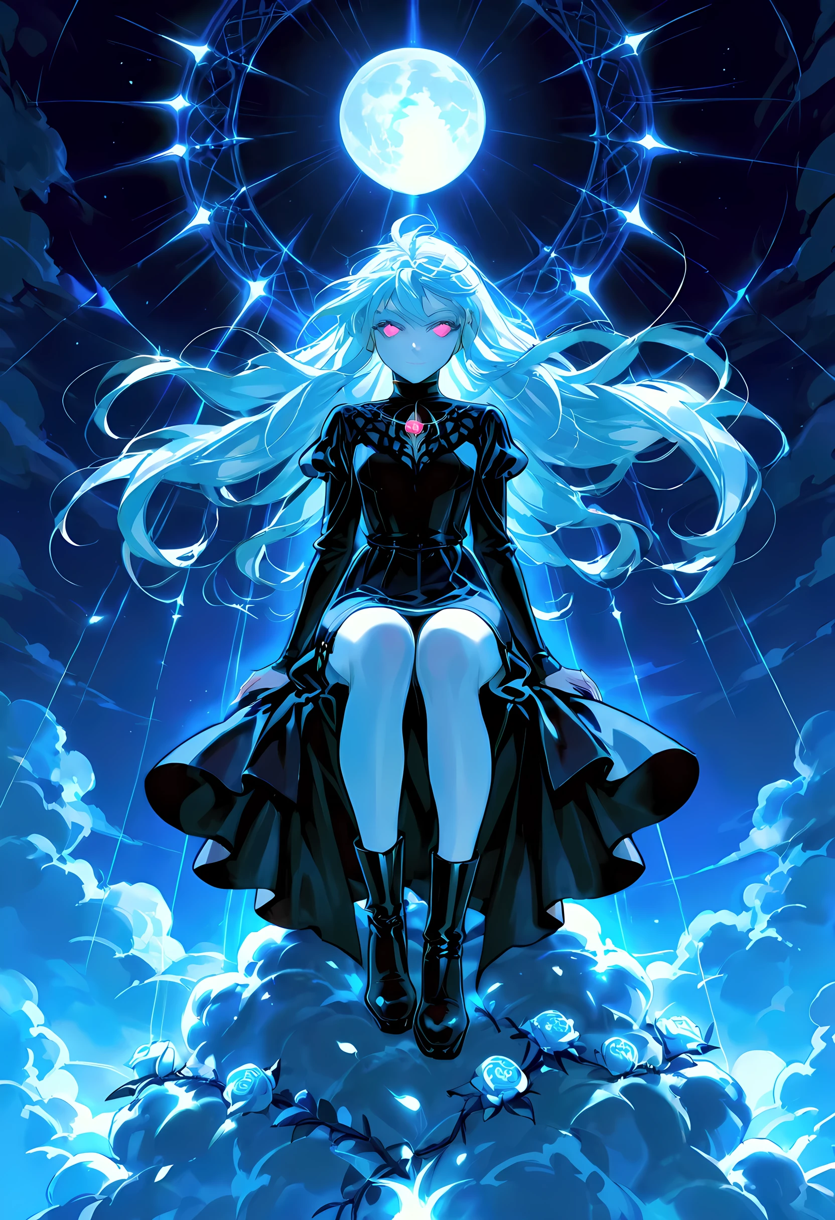score_9, score_8_up, score_7_up, score_6_up, score_5_up, score_4_up, goth art, art deco comic art, there is a beautiful female vampire, pale skin, glowing eyes, white hair, long hair, flowing hair, she wears a black leather dress, black stiletto high heeled boots, with a vampire fangs, as she is sitting on top of of a cloud in the sky, the moon is high, it is night time, moon rays, there are roses, divine rays, bright sky