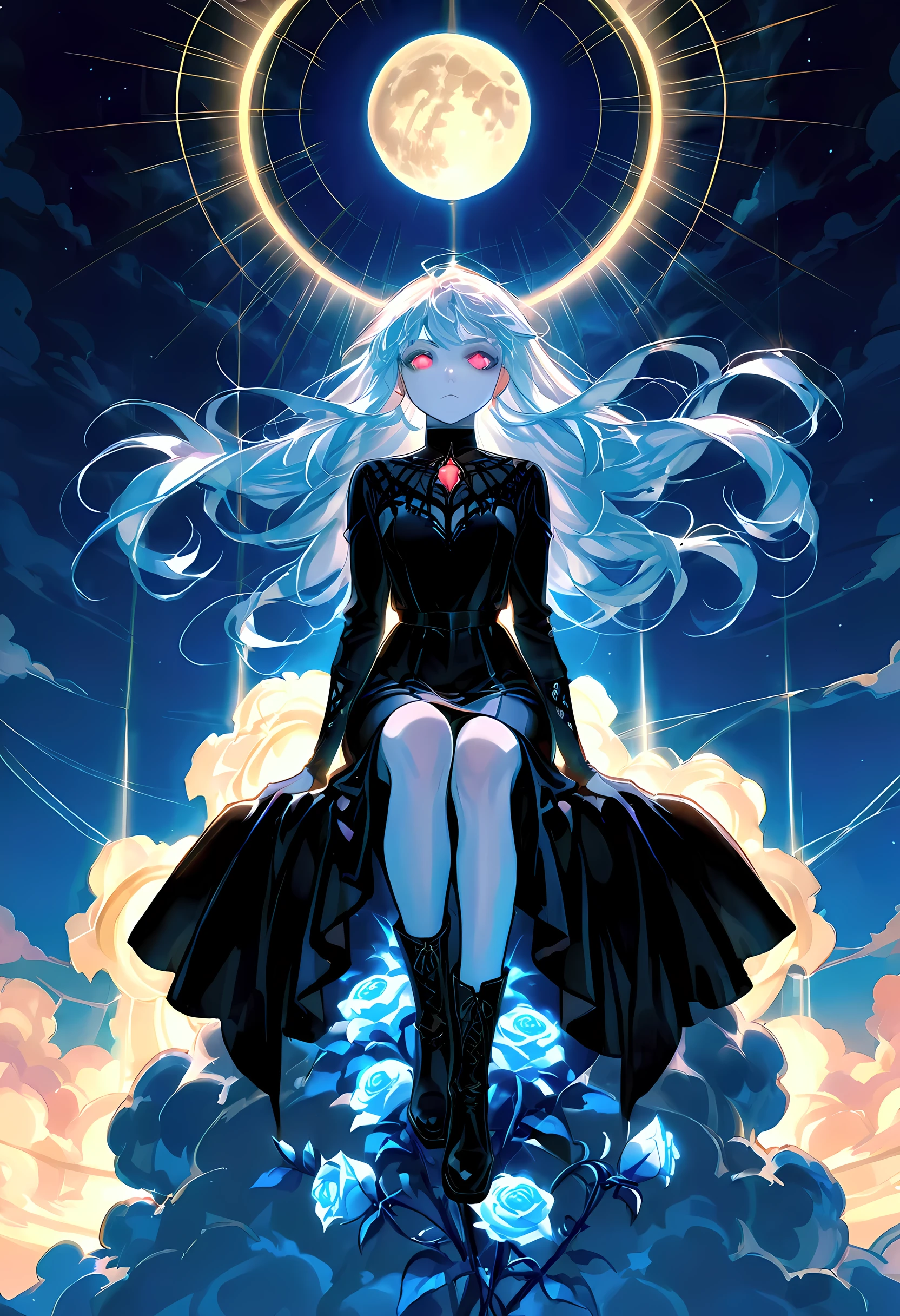 score_9, score_8_up, score_7_up, score_6_up, score_5_up, score_4_up, goth art, art deco comic art, there is a beautiful female vampire, pale skin, glowing eyes, white hair, long hair, flowing hair, she wears a black leather dress, black stiletto high heeled boots, with a vampire fangs, as she is sitting on top of of a cloud in the sky, the moon is high, it is night time, moon rays, there are roses, divine rays, bright sky