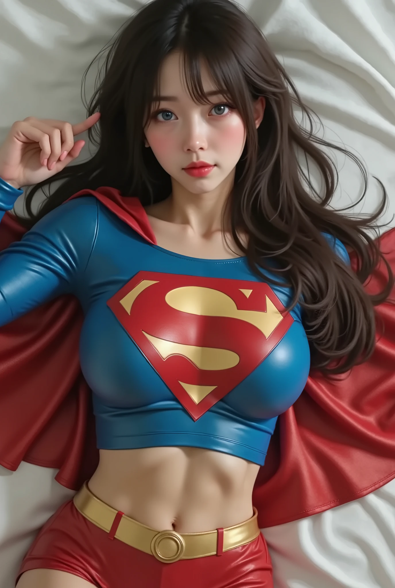 TOP SIDE POV. A YOUNG ASIAN BABE LAYING FLAT ON HER BED WEARING A 1980 COTTON SUPERGIRL COSTUME AND CAPE. 4K AFTER SEX SCENE. FULL SUPERGIRL COSTUME AND CAPE.I NTRICATE DETAILS, PREFESSIONAL PORN PHOTOGRAPHY, HIGH RES, 4K, 8K. LIGHT PALE BLUE EYES GLEEMING.