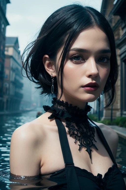 Woman. Short black hair with white streaks. Blue eyes. Pale skin. Serious and gloomy. Domineering. Hair styling: Marseille wave. Androgenic facial features. Suit. Tie.