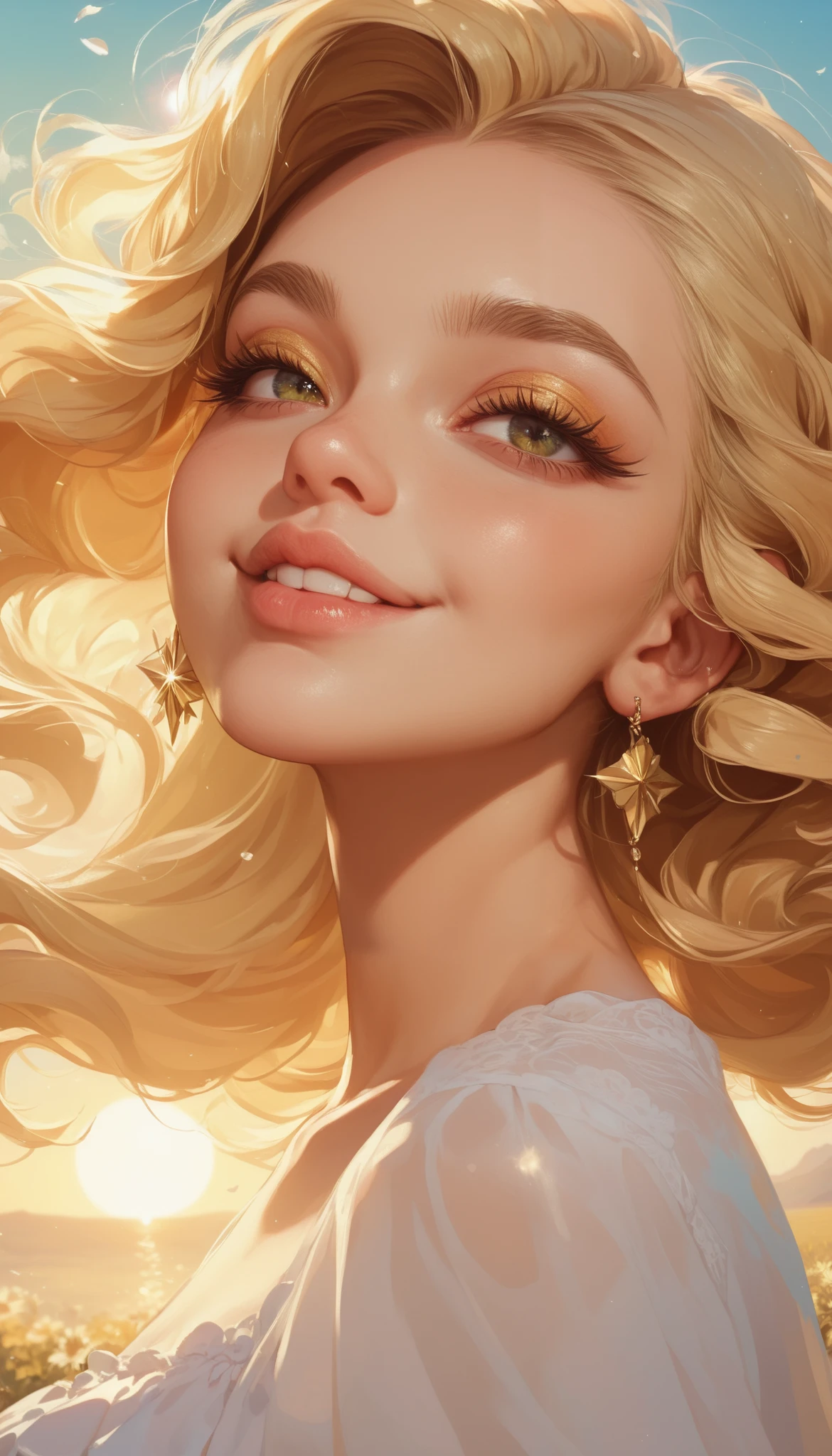 smiles and sun , A beautiful girl , half profile smiling as the sun hits , 's face she covers herself with her hand to shade her face so that she doesn't dazzle her face so she doesn't get dazzled by the sun, blonde hair blowing in the wind