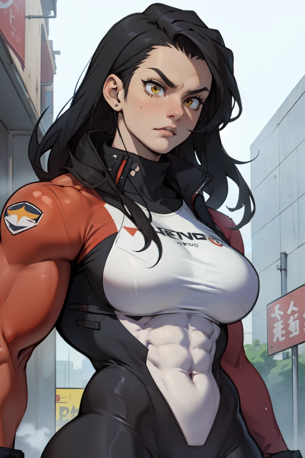 girl muscles large breasts pale skin black hair yellow eyes skintight sad