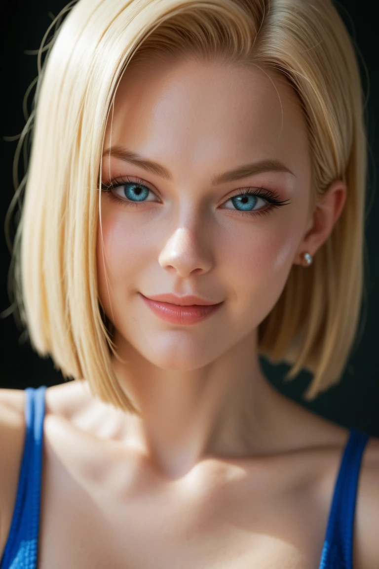 One Young Adult female, white and tender skin, pale blonde slicked back into a short ponytail, steel blue eyes, light and carefree expression, wearing black suit jacket and tie, portrait style, facing forwards