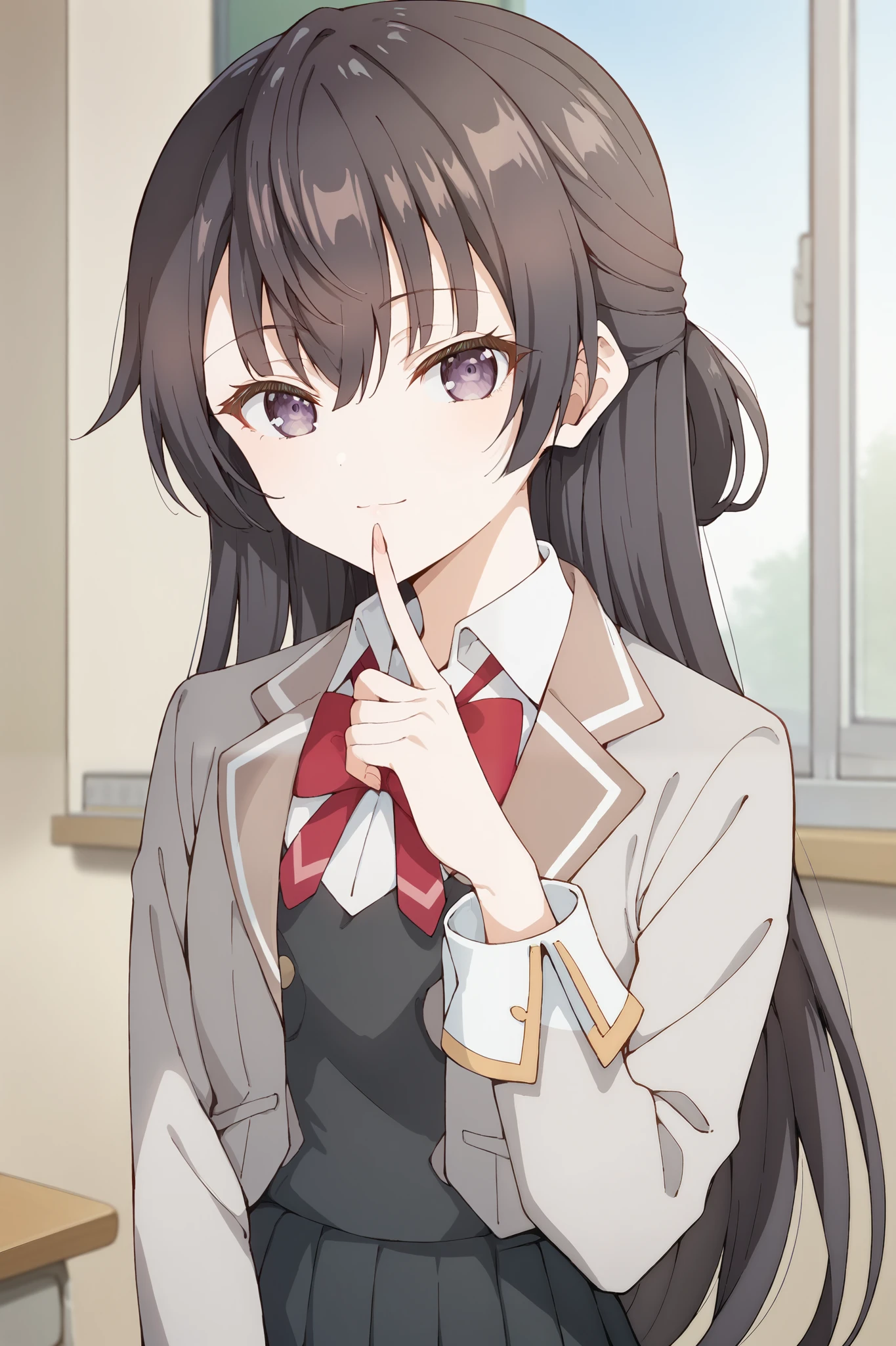 score_9, score_8_up, score_7_up, source_anime,
1girl, solo, looking at viewer, blurry background, upper body, light smile, finger to mouth, classroom,
yuki suou, black hair, long hair, half updo, hair between eyes, purple eyes,
school uniform, grey jacket, open jacket, long sleeves, red bow, white shirt, collared shirt, black vest, buttons, pleated skirt,