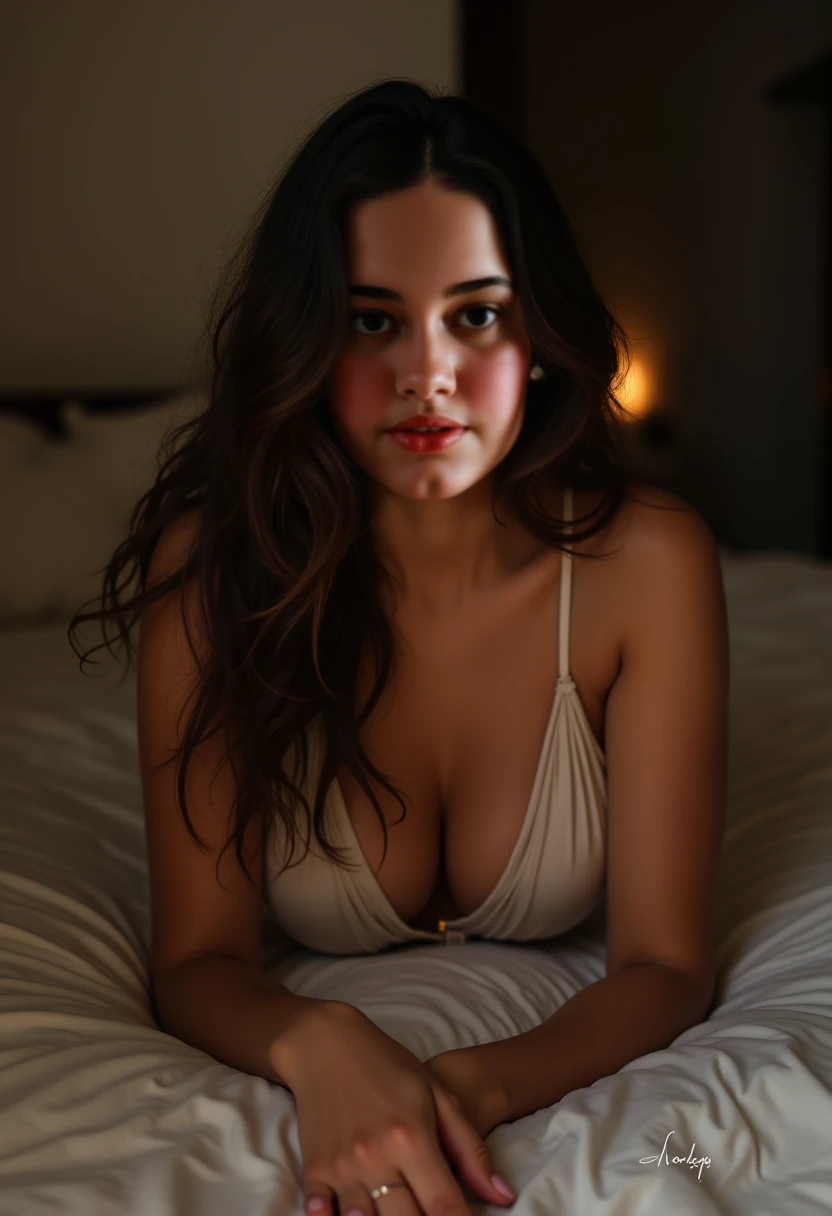 (hyperrealistic photo), (A high resolution), (8k),(beautiful eye quality), (ultra - detailed),curvacious beautiful plump indonesian girl,lying on bed,full-body portraits(1:1),messy short hair,(sexual excitement) ),(legs separated),sexual expression,Straight and plump ,big natural breasts,a plump buttocks,White sheer sleeveless night gown,hand to the crotch, looking at the camera in,dim light bedroom,(red underwear),bodyhair,, Hairy underarms, legs long, Slim waist, Upright toe bones well defined,beautiful attractive woman, 1 girl, the perfect beauty: 1,4 : 1.1,, Super slim face, big cute eyes, double eyelid, facing at the camera, shot from above,