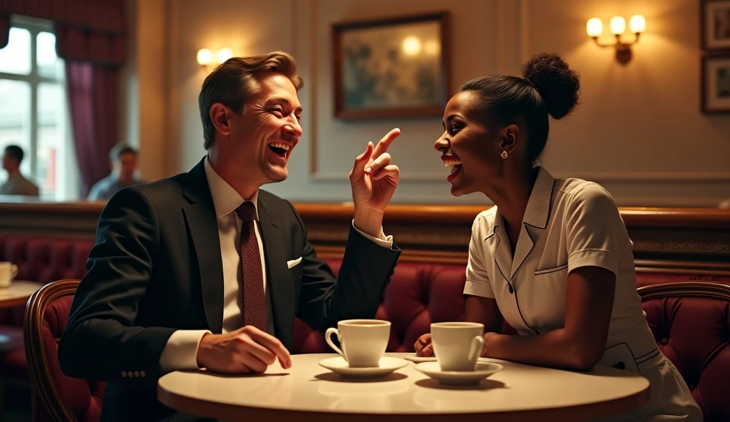 a well-dressed man and woman conversing, both are laughing to each other, dramatic lighting, photorealistic, cinematic, intricate details, masterpiece