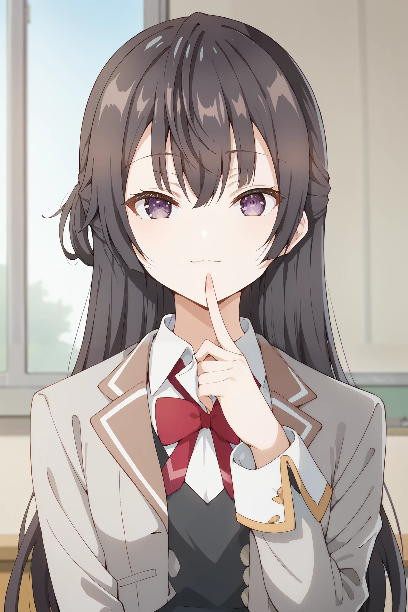 score_9, score_8_up, score_7_up, source_anime,
1girl, solo, looking at viewer, blurry background, upper body, light smile, finger to mouth, classroom,
yuki suou, black hair, long hair, half updo, hair between eyes, purple eyes,
school uniform, grey jacket, open jacket, long sleeves, red bow, white shirt, collared shirt, black vest, buttons, pleated skirt,