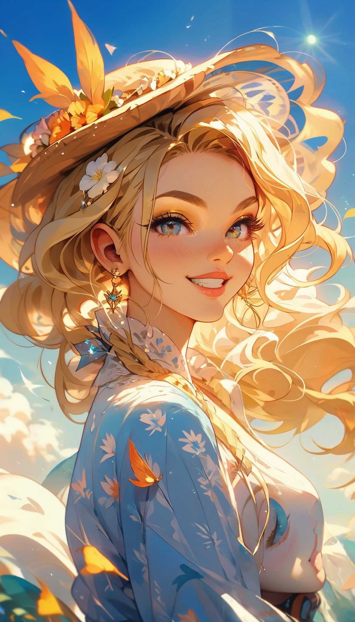 general plan full body:1.3, smiles and sun , A beautiful girl , half profile smiling as the sun hits , 's face she covers herself with her hand to shade her face so that she doesn't dazzle her face so she doesn't get dazzled by the sun, blonde hair blowing in the wind