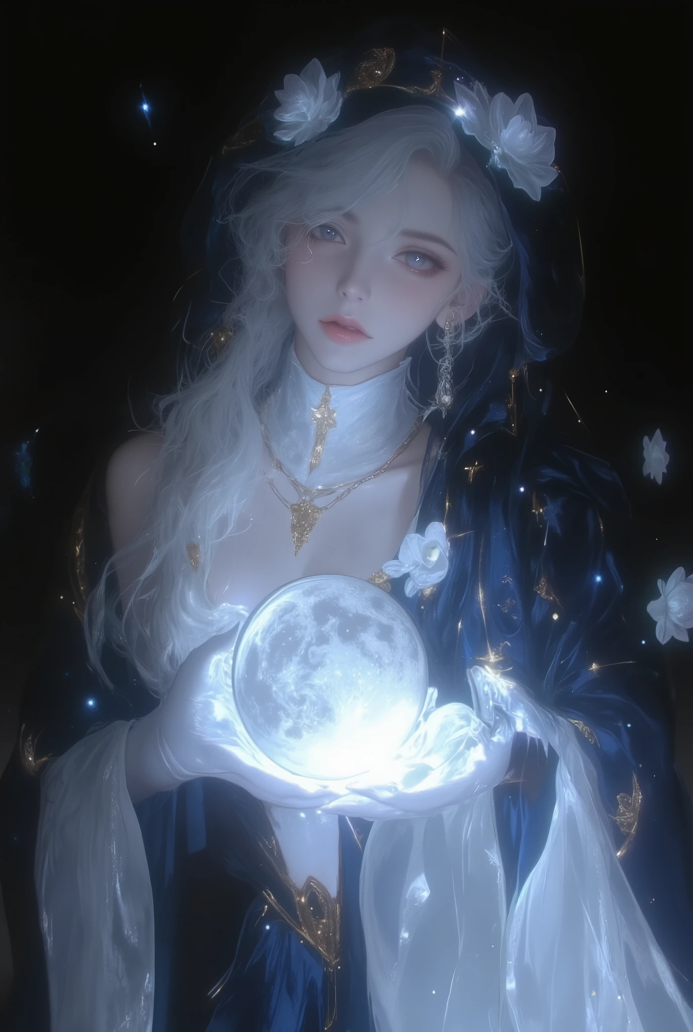 Best quality,masterpiece,ultra high res,beautiful, extremely detailed face, perfect lighting, perfect face, 16k, beautiful women, 1 garota , 16k, Best quality,masterpiece,ultra high res,beautiful, extremely detailed face, 16k,  The background is just black scenery. A goddess holding a moon in her hands. The goddess wears a long white strapless dress with a gradient to dark blue, with golden stars, long white gloves, white flowers on her head as an accessory with golden details. The goddess has an ethereal and melancholic beauty, with pale skin, long wavy hair half white and dark blue, white eyes, slightly pink cheeks and full, slightly pink lips.