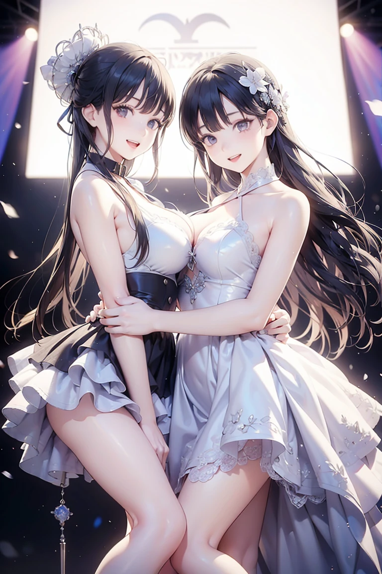 in 8K, top-quality, Real Image, With intricate details, Super Detail, 超A high resolution, Depth Field,(Photorealsitic,realisitic:1.2),​masterpiece , {{Two beautiful girls staring at each other:1.5、mirror image、fullllbody、Standing Pose、sexypose:1.5}}, {{low angles:1.5}}、{{Put head-to-toe on the screen:1.5}}、{{opening legs widely:1.8}}、{{Two girls are kissing:1.5、Lips and lip touches:1.5、Cheek and cheek touch}}、Very beautiful 18 year old girl, Inviting eyes, perfect glossy skin, flawless skin, Fair skin,　{{hi-school girl、a sailor suit、Super mini skirt up、White panties are visible、Emphasis on crotch cleft、large full breasts, cleavage of the breast, Narrow waist}}、(sexy  pose:1.1)、Clean eyes、Rich facial expressions、Ecstatic face、Open your mouth slightly、brown haired、Princess Cut、Medium Hair, Align your bangs、{{Gymnasium at night:1.2、Two beautiful girls bathed in light:1.5}}