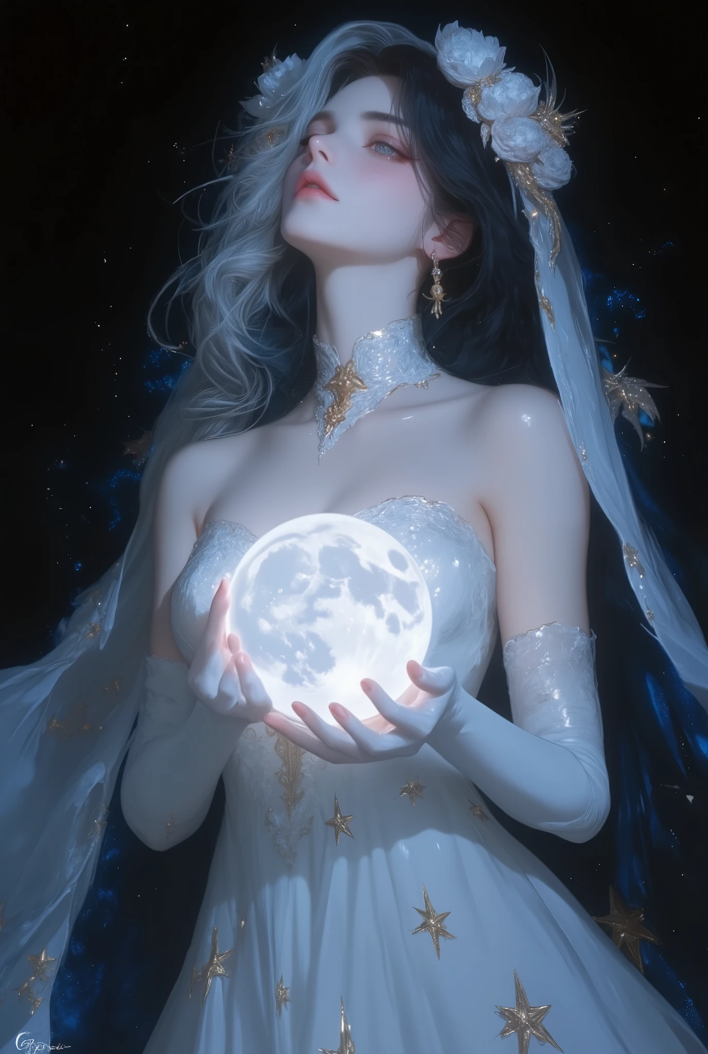 Best quality,masterpiece,ultra high res,beautiful, extremely detailed face, perfect lighting, perfect face, 16k, beautiful women, 1 garota , 16k, Best quality,masterpiece,ultra high res,beautiful, extremely detailed face, 16k, The background is just black scenery. A goddess holding a moon in her hands. The goddess wears a long white strapless dress with a gradient to dark blue, with golden stars, long white gloves, white flowers on her head as an accessory with golden details. The goddess has an ethereal and melancholic beauty, with pale skin, long wavy hair half white and dark blue, white eyes, slightly pink cheeks and full, slightly pink lips.