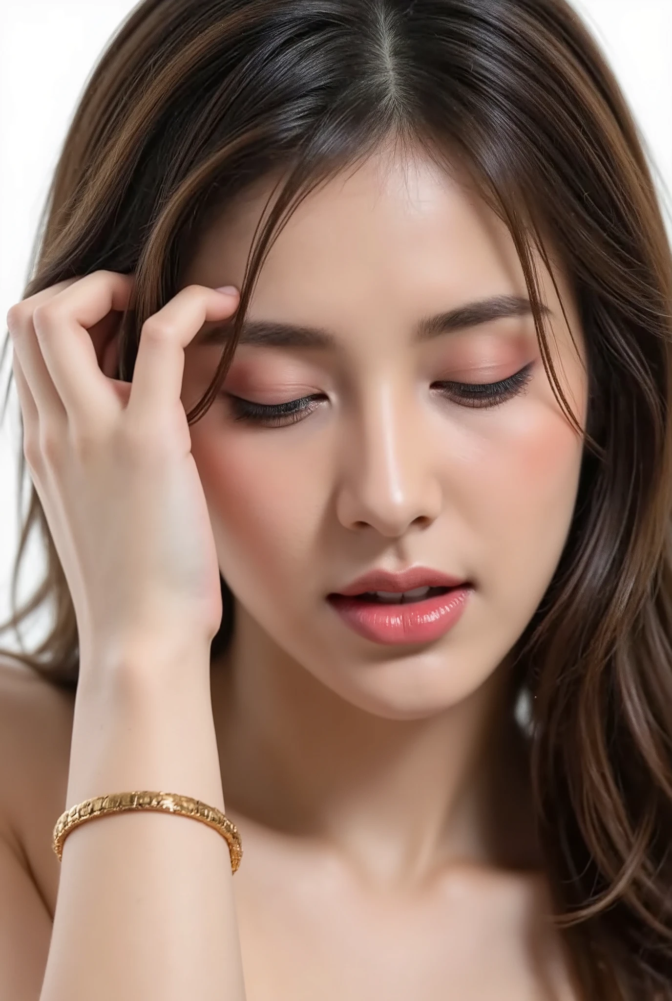 This photograph features a close-up of a woman with long, wet, dark hair, wearing striking red eyeshadow and glossy lips. Her eyes are closed, and her mouth is open, suggesting she is in a moment of intense emotion. detail skins, She has a fair complexion and is wearing a gold bracelet on her left wrist. The background is plain white.