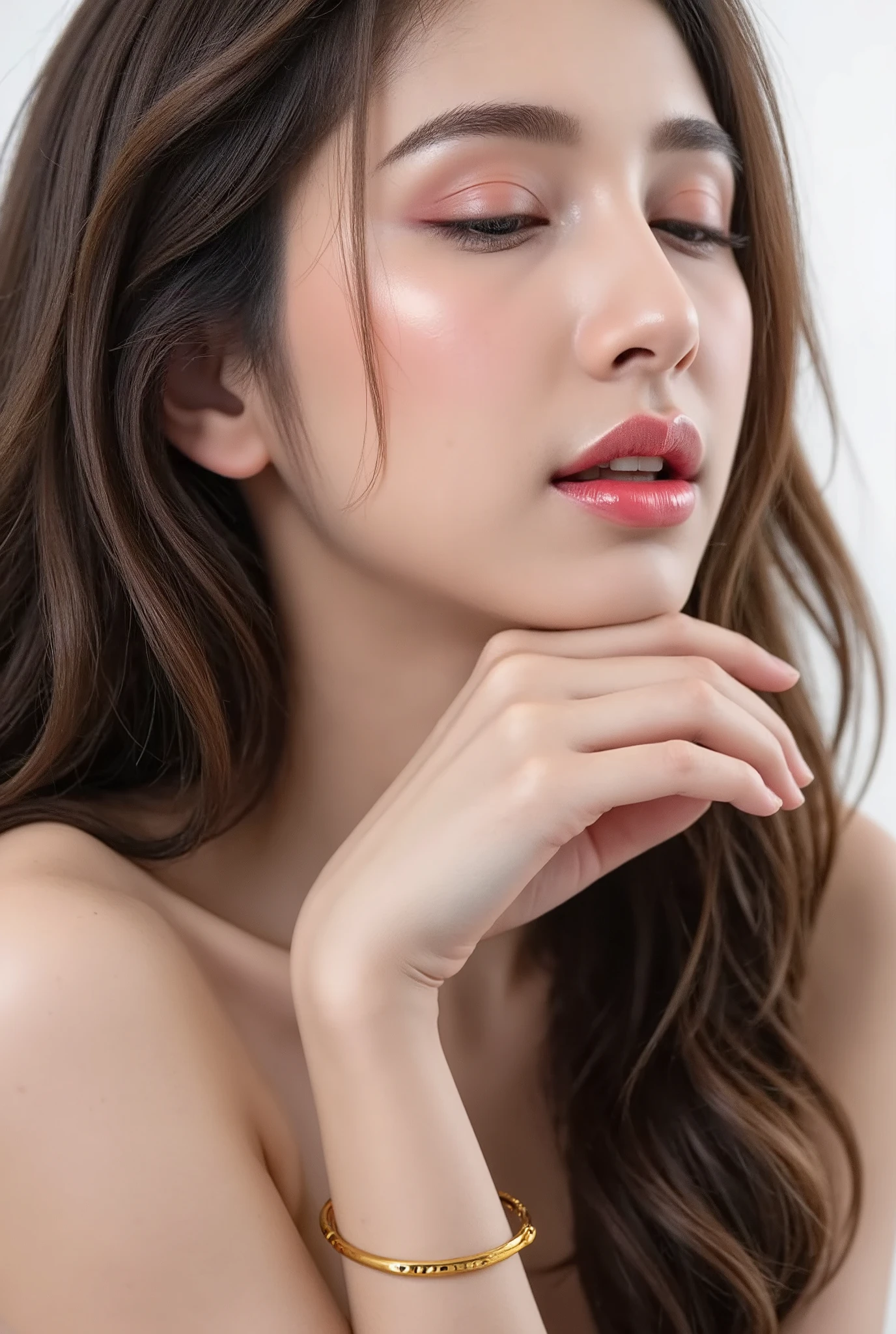 This photograph features a close-up of a woman with long, wet, dark hair, wearing striking red eyeshadow and glossy lips. Her eyes are closed, and her mouth is open, suggesting she is in a moment of intense emotion. detail skins, She has a fair complexion and is wearing a gold bracelet on her left wrist. The background is plain white.