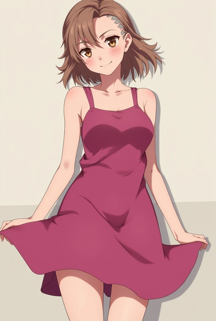 1 Girl, Small Breasts, Green Eyes, Heart Eyes, Deep Red Hair, Short Hair Style, Pale White Skin, Smooth Skin, Face Freckles, Slutty, Sexy, Sassy, Smirking, Tease, Teasing, Teasing, Sexy Pose, Young Girl, Very Small Girl, 8 Years Old, Cute Pink Dress, Standing over viewer, viewer looking up under her dress, Upskirt POV