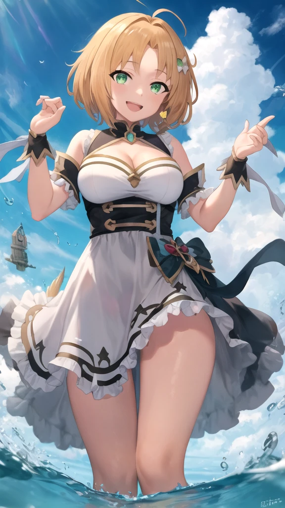 (masterpiece:1.2), (highest quality:1.2), perfect eyes, perfect face, perfect lighting, middle ages, sandy beach, 1 girl, blonde red eye, ((((((hair over one eye)))))), Braid Styles, spiked hair, blunt bangs, bob hair, a braid, Ahoge, cute eyes, medium breast, glaring, open mouth, ((from above)), ((front)), ((from below)), arms behind back, orgasm, scared, ahegao, smile+happy, fang, Thighhighs, greaves, boots, big breasts,  It&#39;s a bellybutton, Angel&#39;s wing