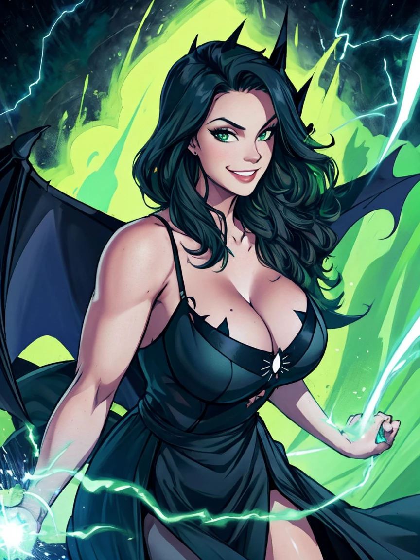 (masterpiece, top quality, best quality, official art, beautiful and aesthetic:1.2), (1girl:1.3), black hair in dreadlocks, extremely detailed, portrait, looking at viewer, solo, (full body:0.6), detailed background, close up, gold eyes, (cool space ship theme:1.1), (((green skin, scales, scaly skin, clawed fingers))), green alien shapeshifter woman, charlatan, sinister smirk, mysterious, shapeshifting in a spaceship, revealing jumpsuit, black leather, long boots, buckles, straps, pouches, collar, sleeveless, black latex, ((((gigantic breasts, cleavage, skindentation)))), slim waist, slim hips, long legs, futuristic (starship interior:1.1) background, dark mysterious lighting, shadows, magical atmosphere, dutch angle