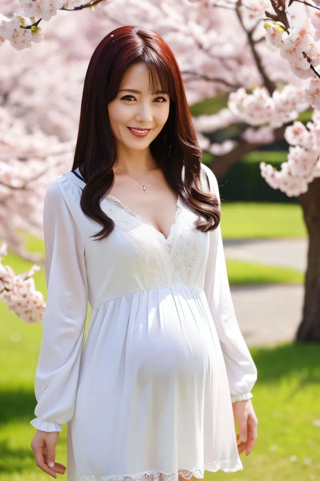 (   top quality、Masterpiece、8k、    Highest Image Quality Sharp Shooting   、Award-winning works)、 Woman 1 、40 years old、A walk in the park、(Alone:1.1)、(   1 photo:1.1)、Early pregnancy、elegant lace dress  、 Fully effective   、thin、  The best smile is staring at me   、  COMPLETE ANATOMY  、  Cherry blossom bokeh in full bloom    ,、 Big Lawn Park  、  is a change of pace  、   very bright and vivid   、 Beautiful Ultra High Resolution Eyes   、   ultra-high resolution perfect beautiful teeth   、    Ultra high definition beautiful face    、   Ultra HD Beautiful Hair   、  Perfect teeth alignment 、  photo above thigh  