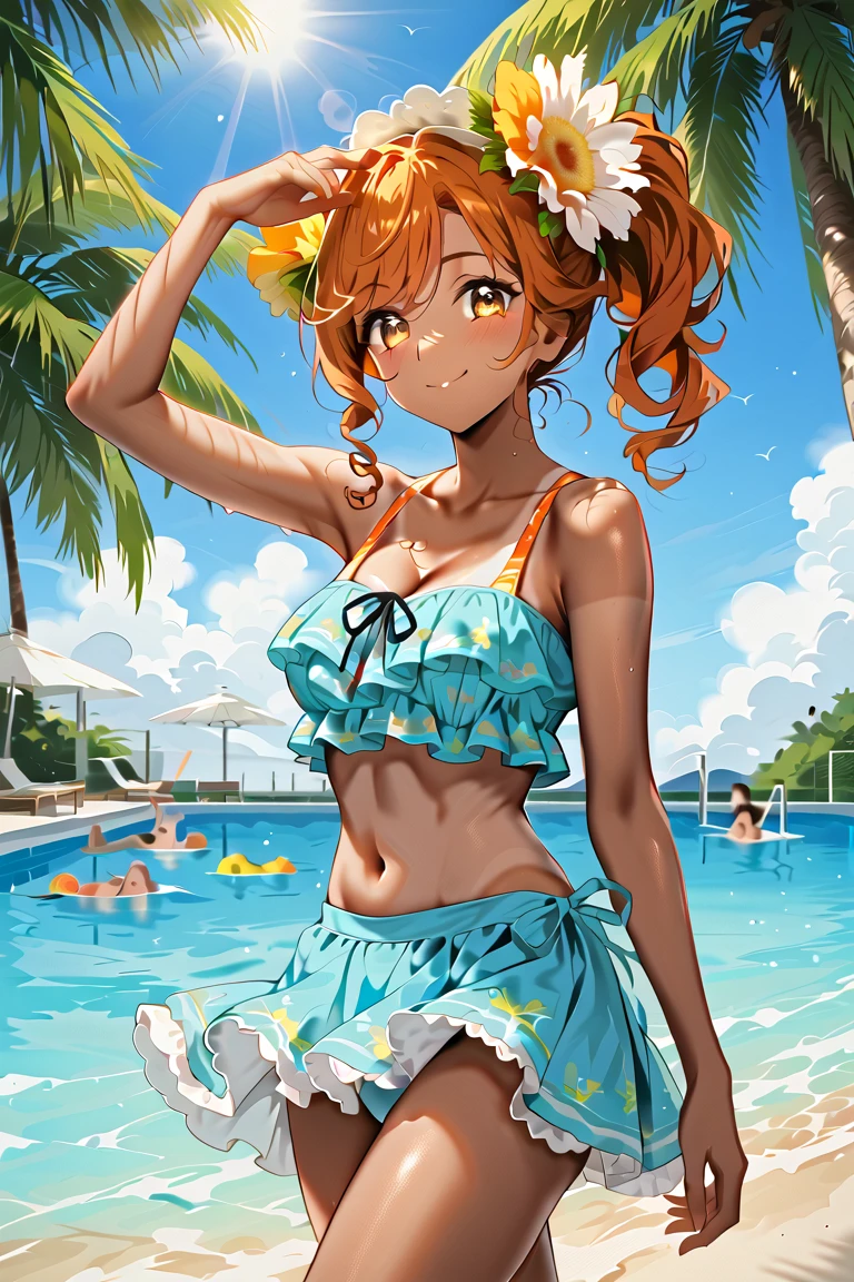 best quality, masterpiece, (very small breasts:1.3), from above, pov, barefoot, (bedroom:1.3), (student swimwear:1.5), miorine rembran, ahoge, (green eyes:1.5), orange hair, hair between eyes, (long curly hair:1.25), swept bangs,