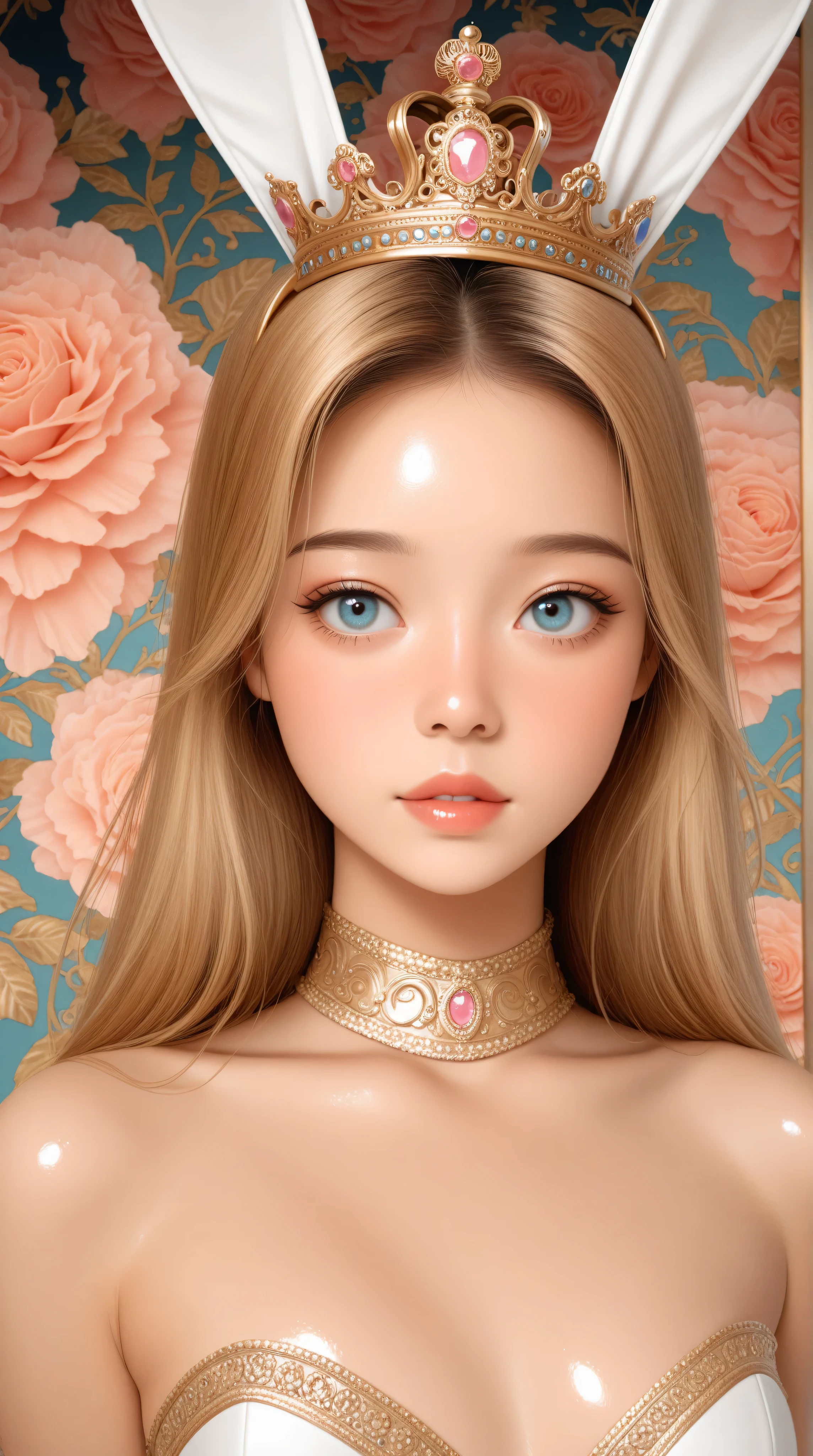 Young korean girl,Highly detailed, Amazing work,Vitreous luster,((clean backdrop)),In gold,(((pink))),blues,Best quality at best, shiny skin, ((best quality)), ((masterpiece)), (detailed), perfect anime, young korean bunnygirl, portrait, luxury, surreal, fantasy, sci-fi, french retro, extravagant, ornate, royal clothing, regal, aristocrat, colorful background, retro anime style,