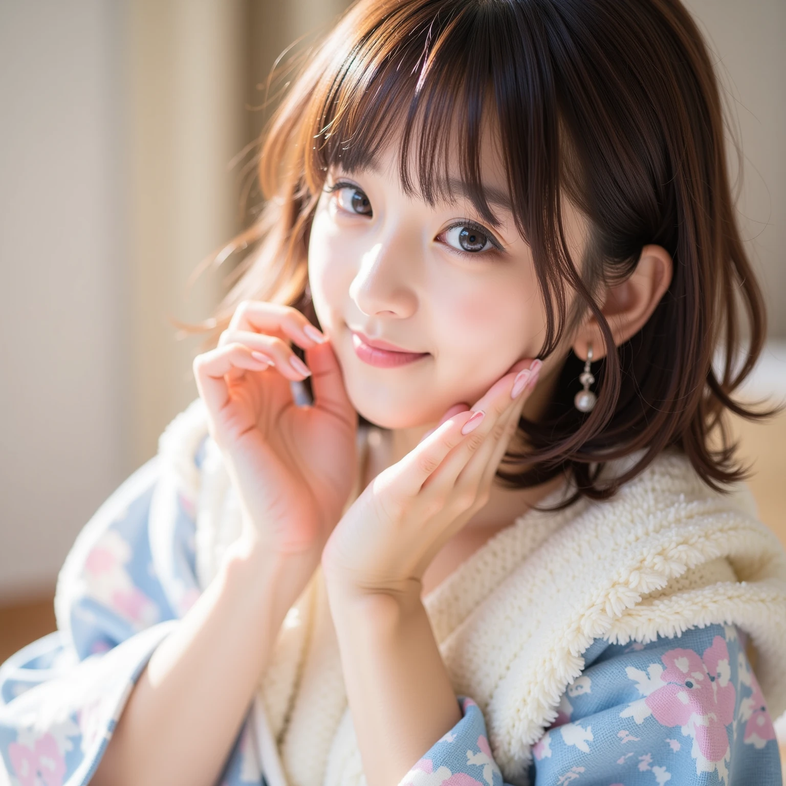 Japanese whole body Curly Hair cute RAW photograph Floral Yukata Real front Whitening older sister looking at the camera Small face Straight face