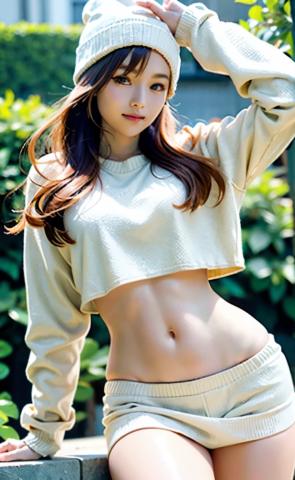 (Extremely detailed CG Unity 8K wallpaper, masterpiece, best quality,Extremely high resolution), (Exquisite light and shadow, Very dramatic picture, Lens Effects), Exquisite facial features, Charming smile, ((One-piece thin fluffy half sweatshirt,Expose the lower half of the breast,Navel,Elastic tight seamless shorts)),Mountaineering (Background full of flowers) (Excellent details, Excellent lighting, Wide Angle), (Excellent rendering, Enough to be proud of one's own kind),Sexy body,Big breasts with plenty of,Visible cleavage。Standing high and looking down。