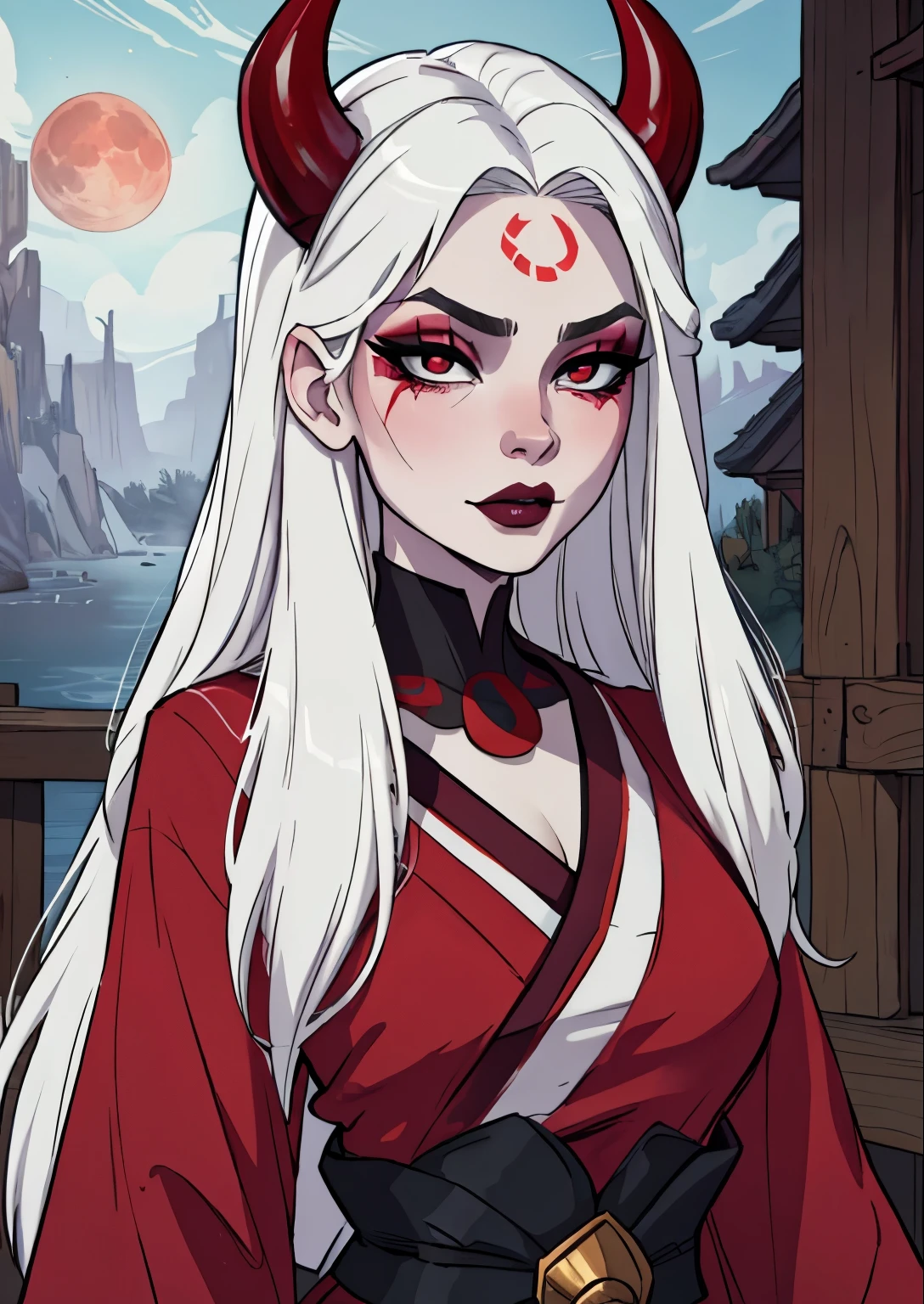 masterpiece, best quality, 1female, beautiful, face portrait, deep makeup, 1girl, face focus, white hair, blood moon diana, goth, makeup, straight hair, pale skin, kimono, oni horns