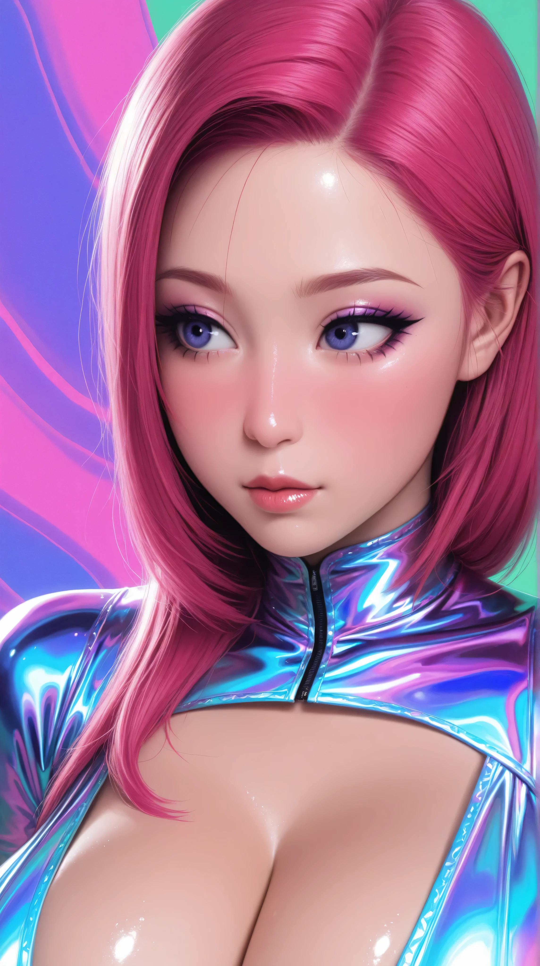 80’s glam rock makeup on shiny android face, anime, 2.5D, Glittery face, moody lighting, (purples, pinks, and blues), iridescent face, abstract ai model, pretty, sexy, minimal, sleek, slender, asian, elegant, futuristic, retro, sophisticated half human half machine, close up face portrait, big breasts, cleavage, Kizi,(eyes looking off to side), Highly detailed, Amazing work,Vitreous luster, blues, purples, pinks, Best quality at best,shiny skin, no background, colorful background, green background, pink background, purple background, blue background, plunging neckline, sexy pose, dynamic pose, heavy blushing, huge breasts,