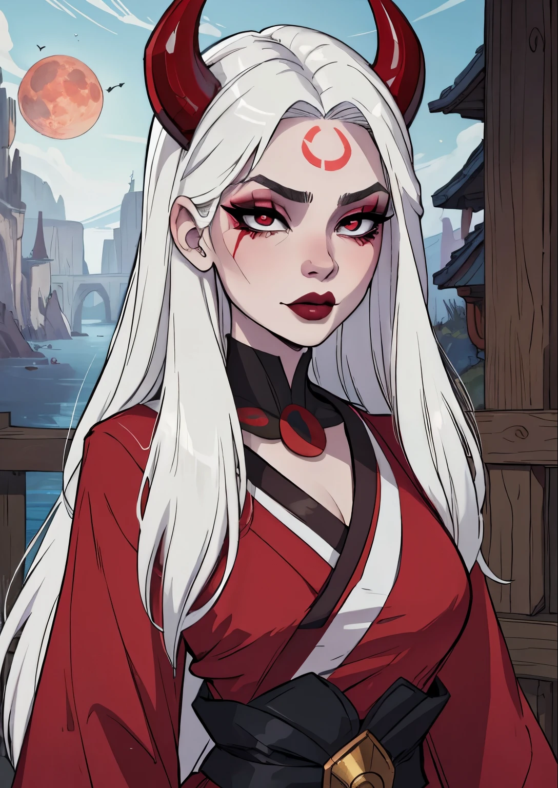masterpiece, best quality, 1female, beautiful, face portrait, deep makeup, 1girl, face focus, white hair, blood moon diana, goth, makeup, straight hair, pale skin, kimono, oni horns